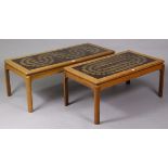 A Nathan teak tile-top rectangular low coffee table on four square legs, 44¼” wide x 16” high; & a