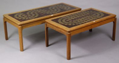A Nathan teak tile-top rectangular low coffee table on four square legs, 44¼” wide x 16” high; & a