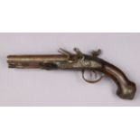 A MID/LATE 18th century FRENCH DOUBLE-BARRELLED FLINTLOCK PISTOL, the stepped locks with swan-neck
