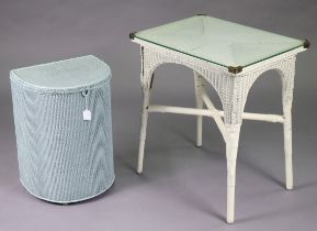A white painted loom rectangular occasional table on four legs with diagonal stretchers 28¼” wide