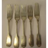 A matched set of five 19thC silver fiddle pattern dessert forks  mixed marks
