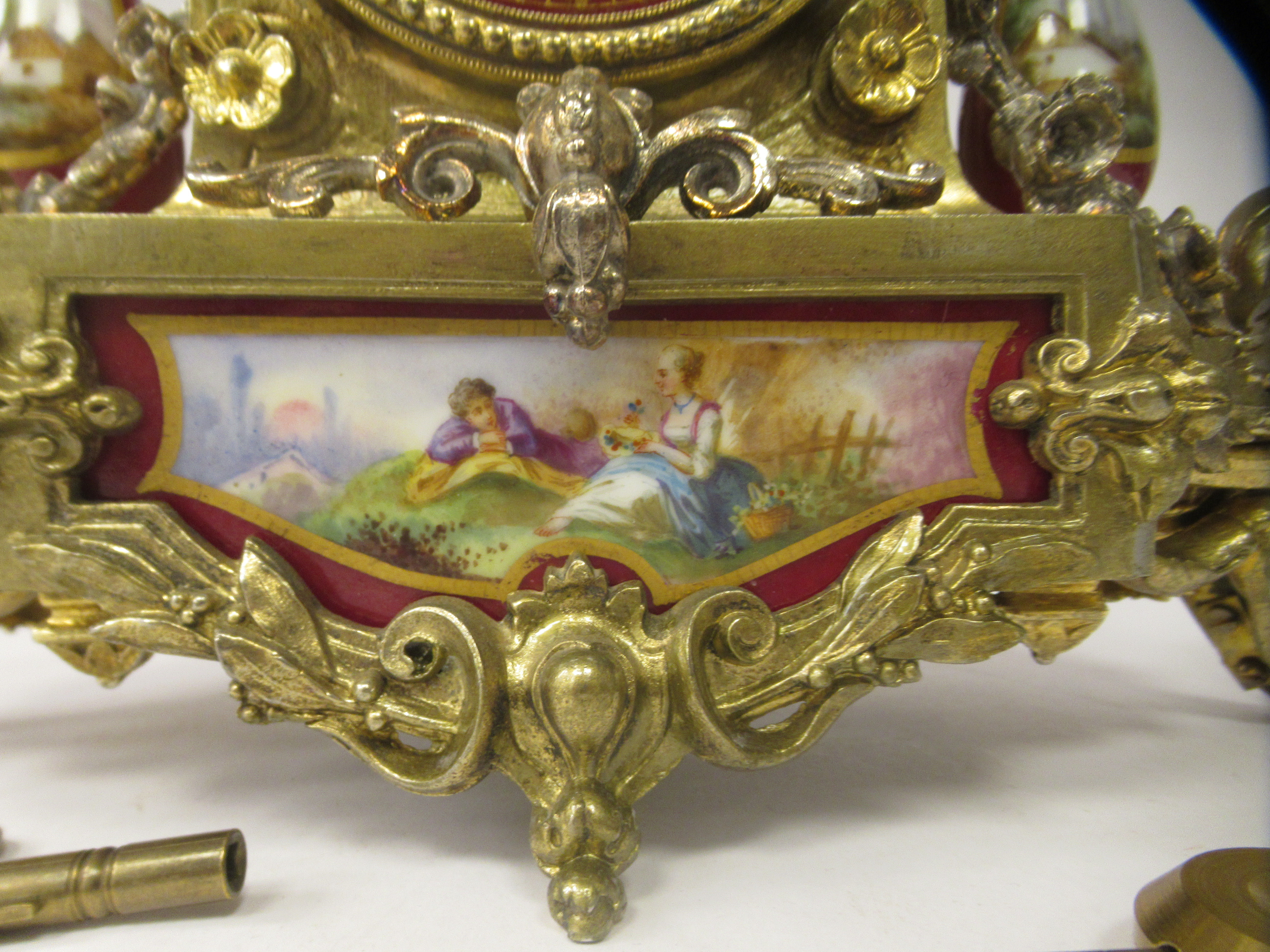 A late 19thC French Brunfaut gilt metal and painted porcelain cased mantel clock with pillared - Image 3 of 7