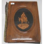 A late 19thC Sorrentoware olivewood and marquetry folio, the front panel featuring an artisan woman,