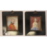 A pair of 19thC half length portrait miniatures, viz. a young man wearing a braided maroon