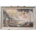 Cannon - a shoreline scene with cottages and figures by small vessels  oil on board  bears a