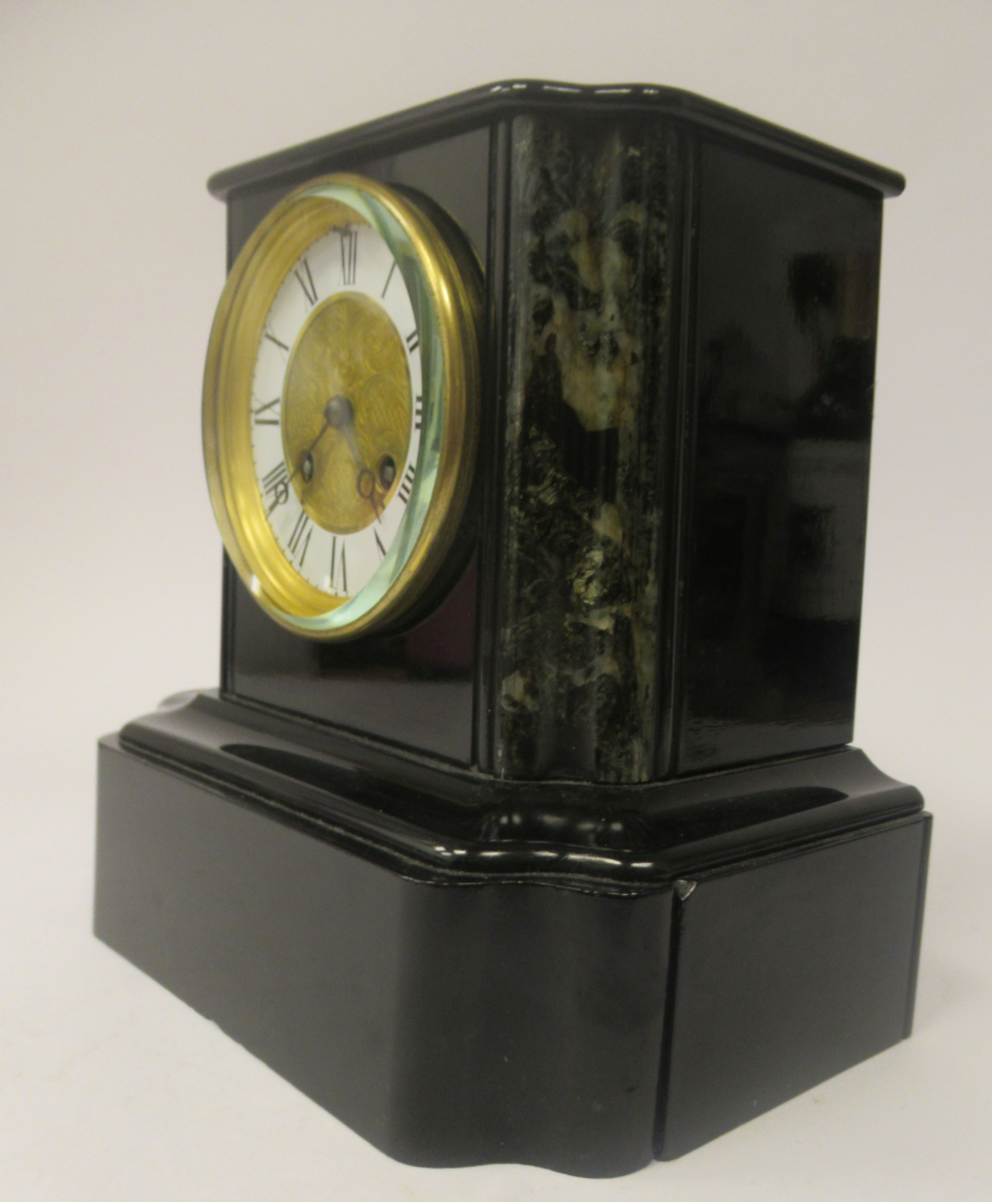 A late 19thC French black slate and mottled green marble cased, platform top mantle clock; the - Image 3 of 5