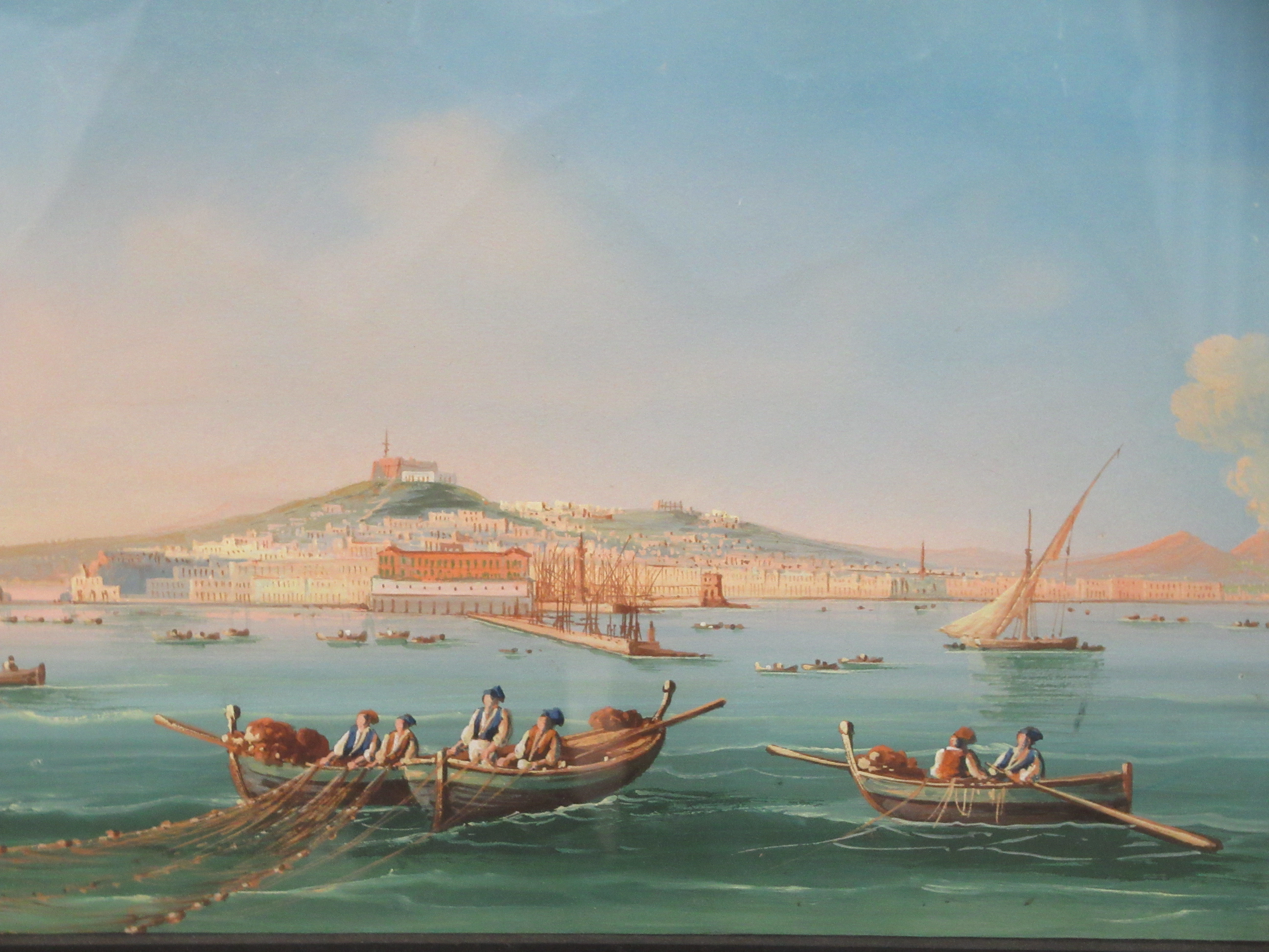 19thC Neapolitan School - offshore fishermen with buildings and a volcano beyond  gouache  7.5" x - Image 2 of 3