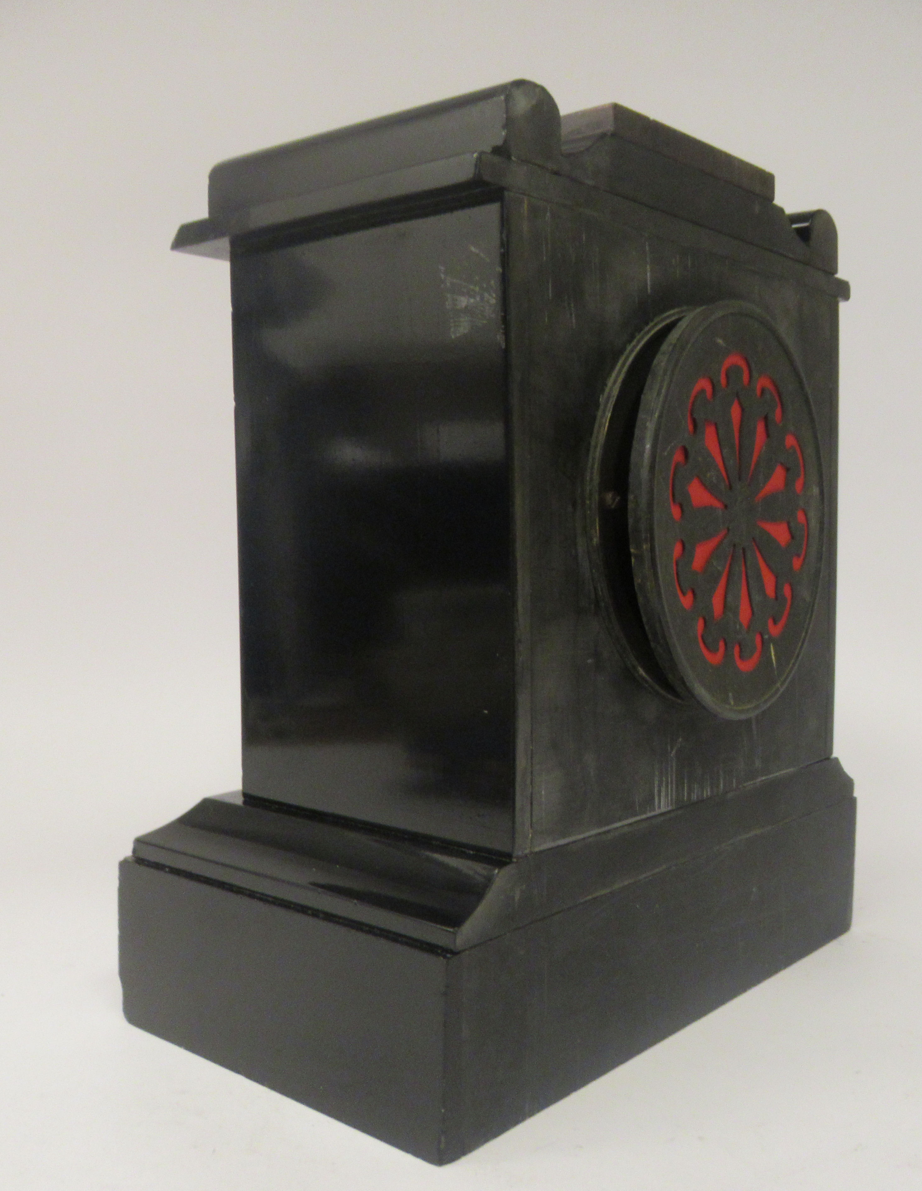 A late 19thC black slate and mottled iron red marble cased mantel timepiece with a platform top; the - Image 7 of 9