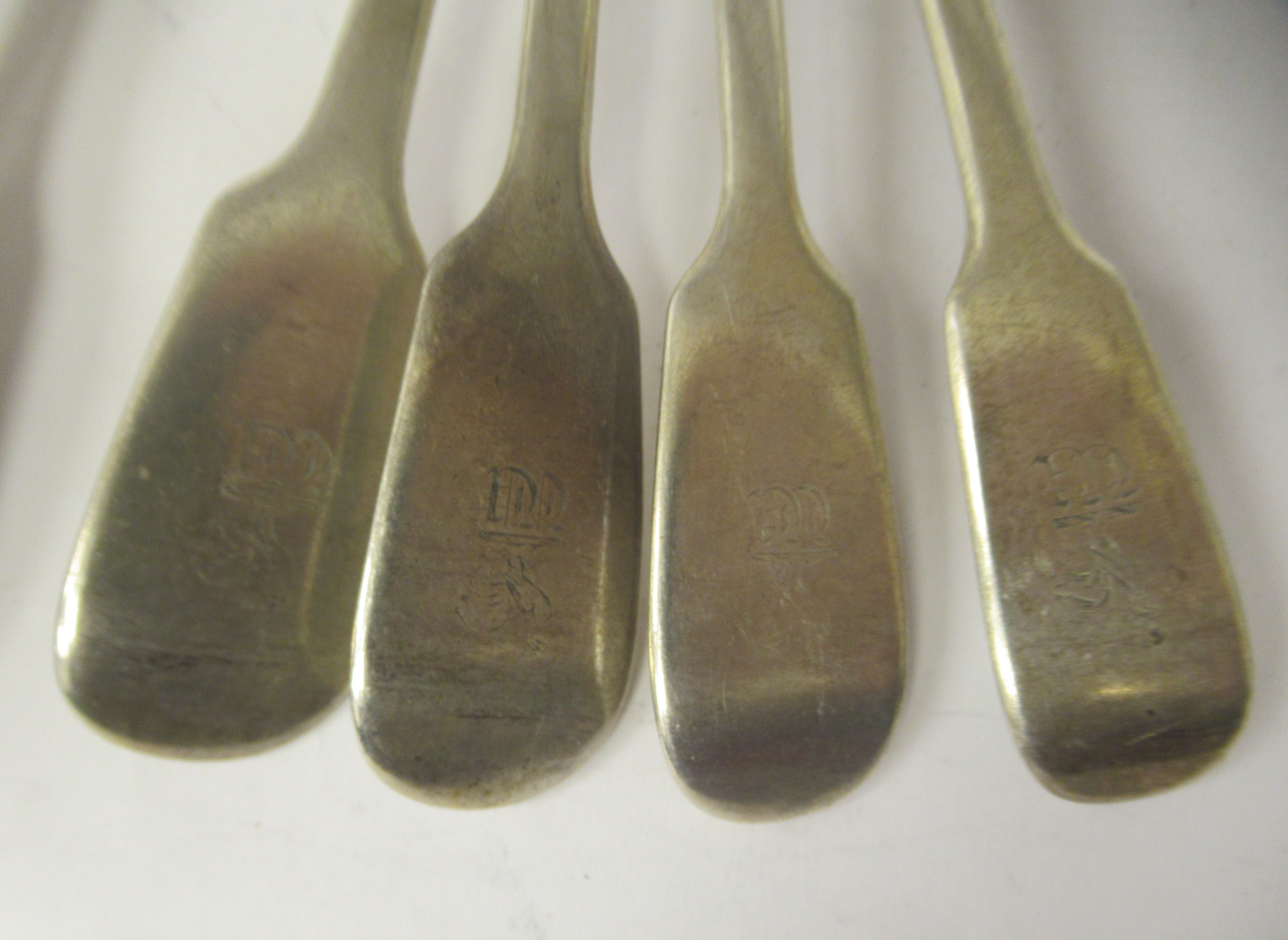 A matched set of six 19thC silver fiddle pattern dessert spoons  mixed marks - Image 2 of 5