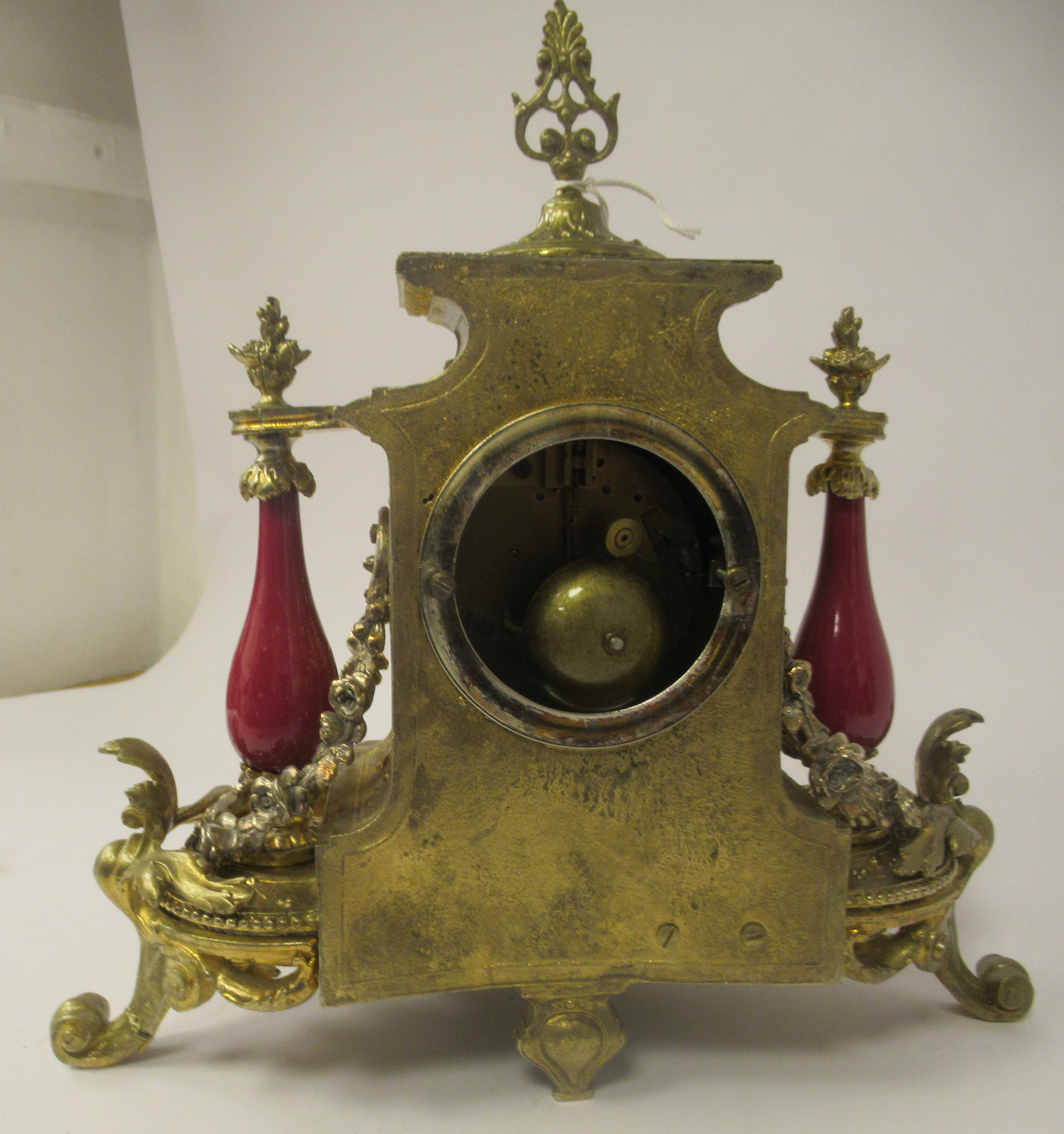 A late 19thC French Brunfaut gilt metal and painted porcelain cased mantel clock with pillared - Image 6 of 7