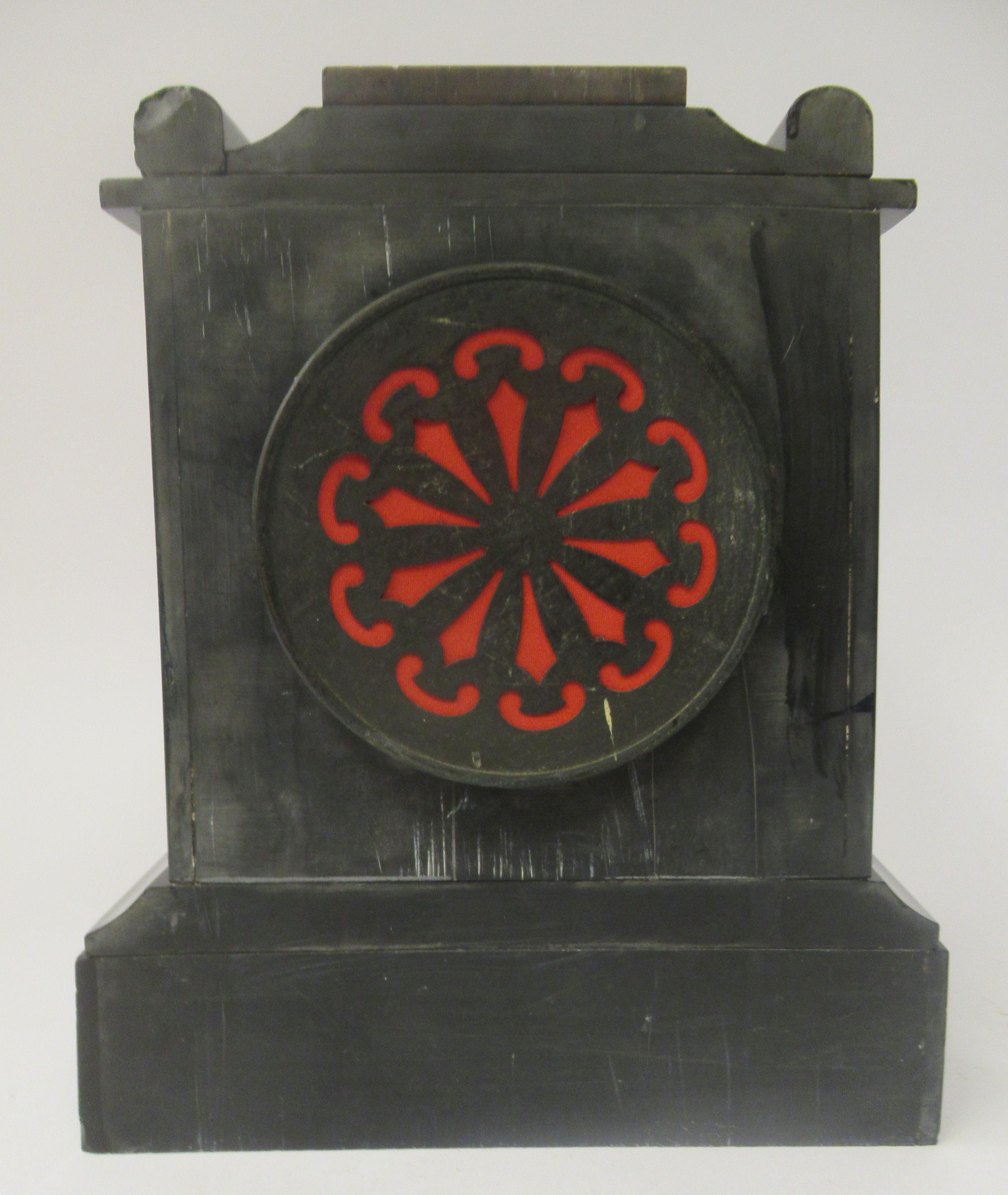 A late 19thC black slate and mottled iron red marble cased mantel timepiece with a platform top; the - Image 8 of 9