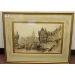 Paul Marny - a town scene with figures by a bridge over a river  watercolour  bears a signature  11"