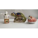 Royal Crown Derby porcelain, viz. 'Jack-in-the-Box'  4"h; a Chameleon   3.75"h; and a pheasant  2"