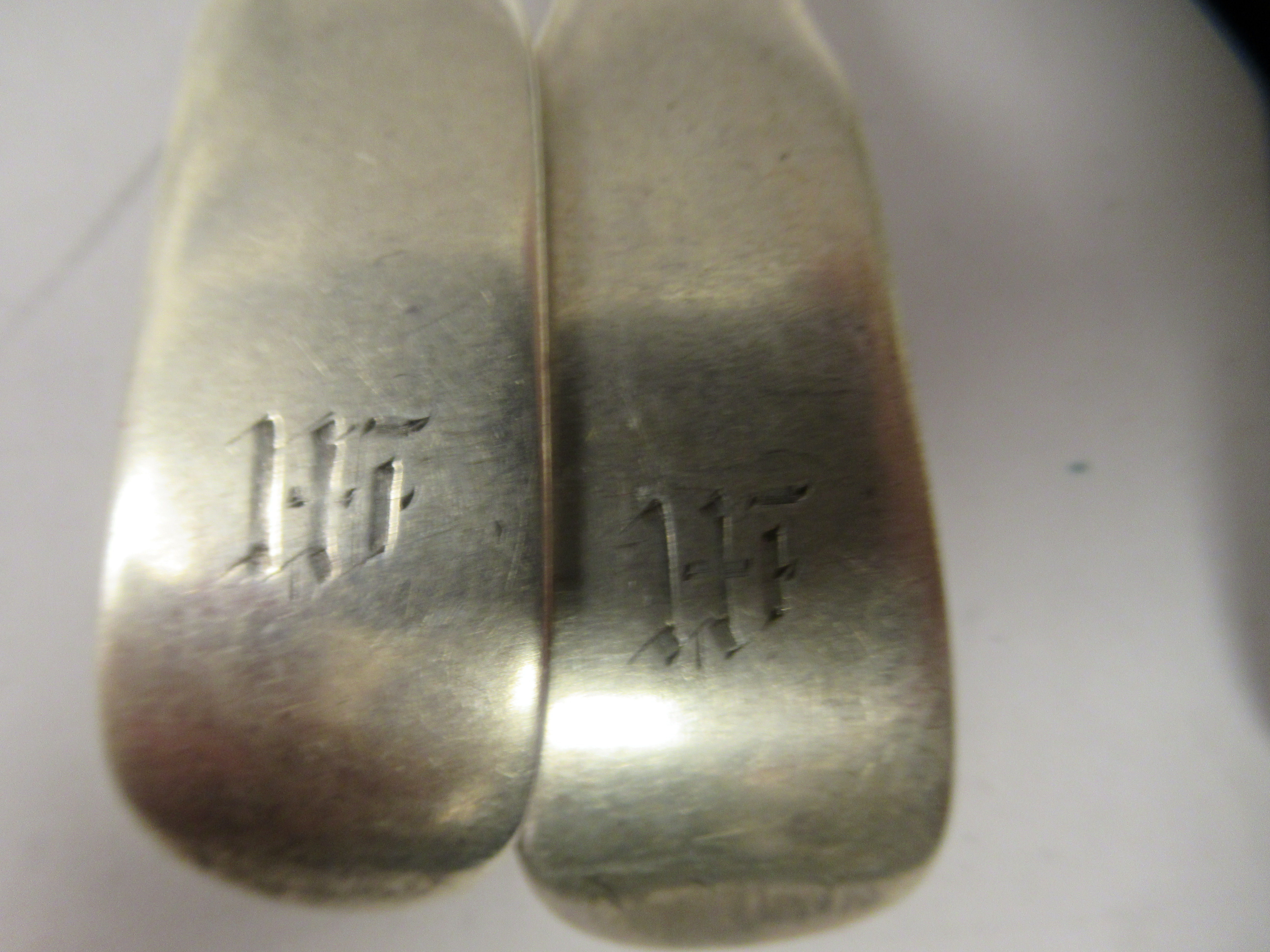 A matched set of six 19thC silver fiddle pattern dessert spoons  mixed marks - Image 3 of 5