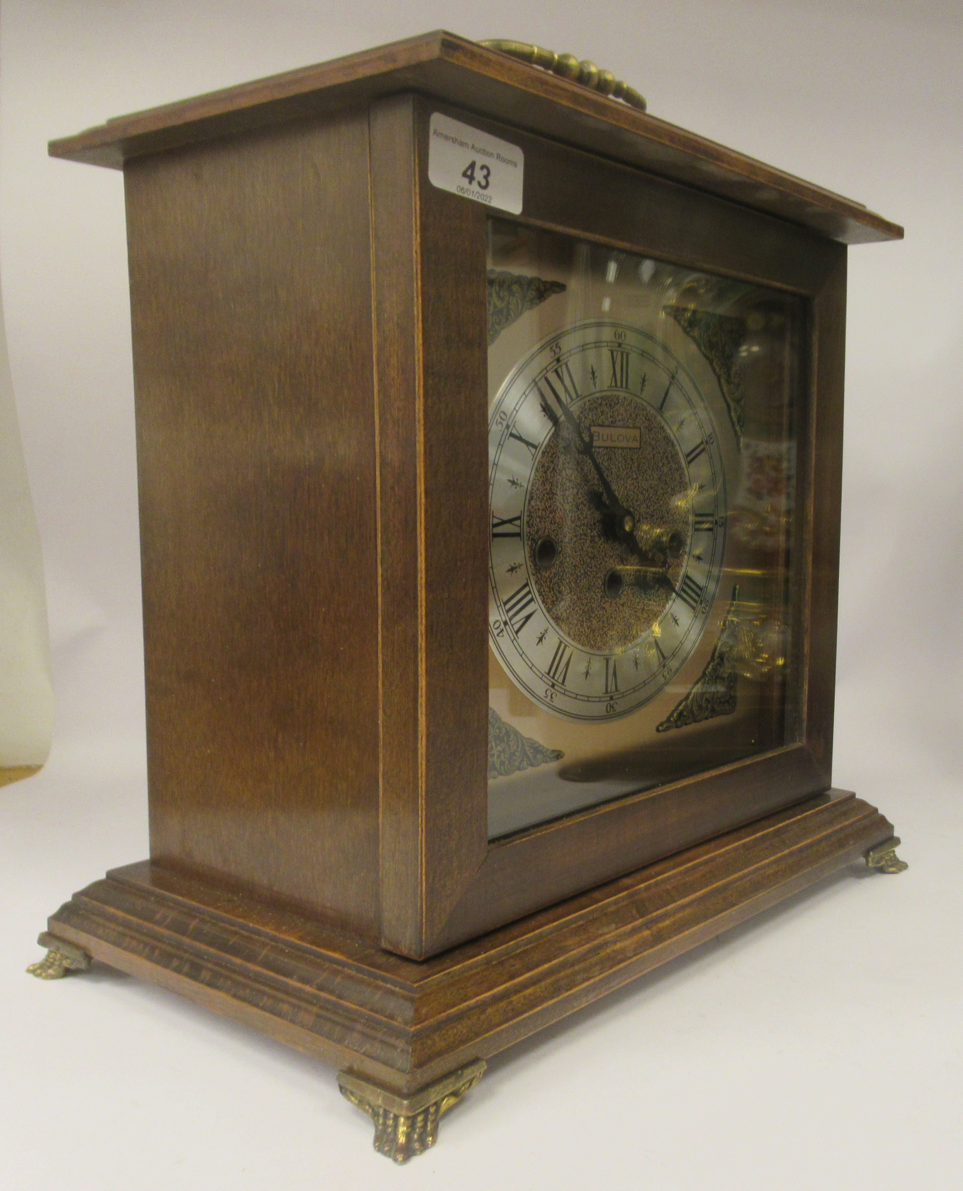 A late 20thC American Bulova mahogany cased bracket clock, the top with a folding handle, over a - Image 4 of 9