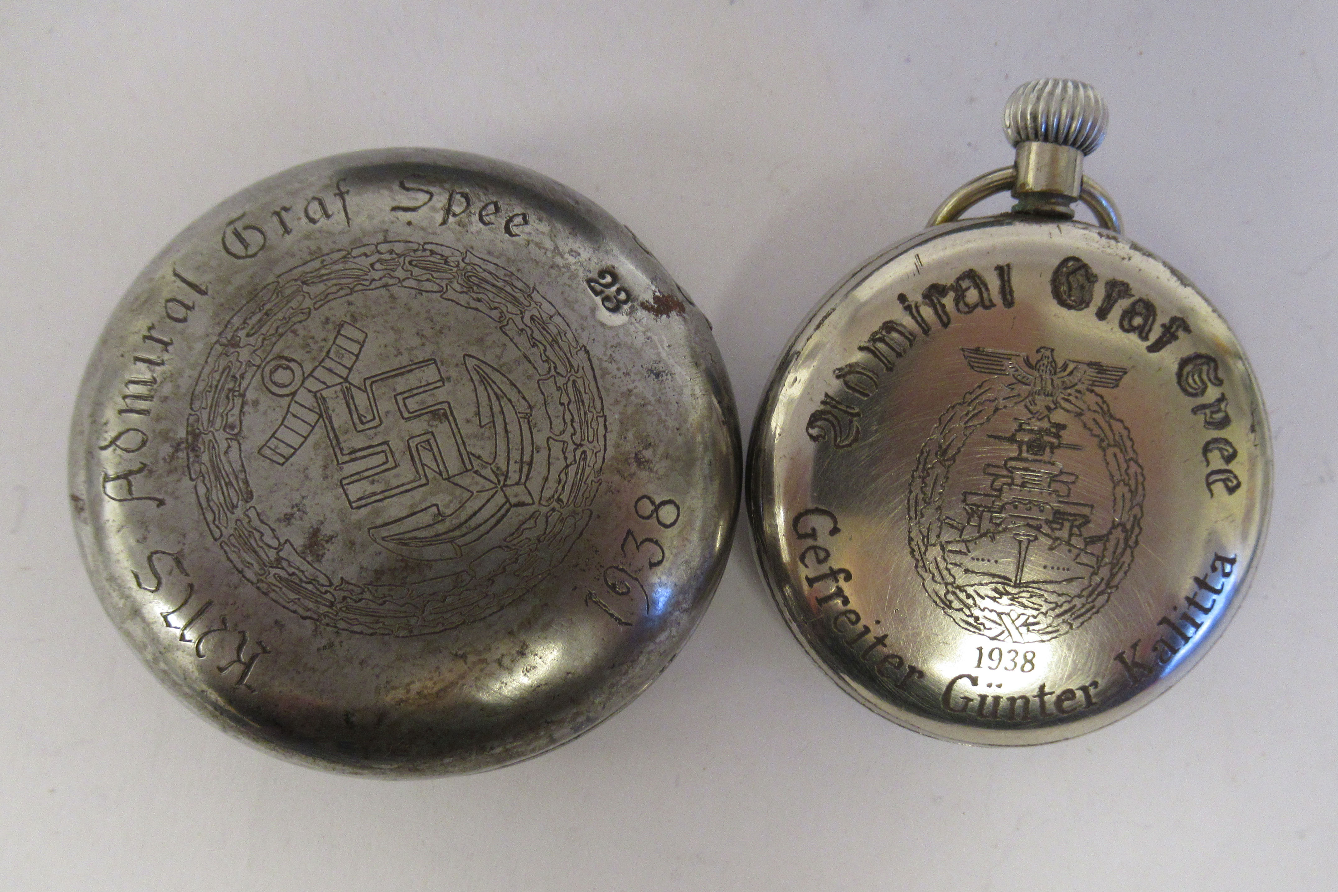 A World War II German KM Oberon nickel plated steel pair cased pocket watch, formerly the property - Image 6 of 8