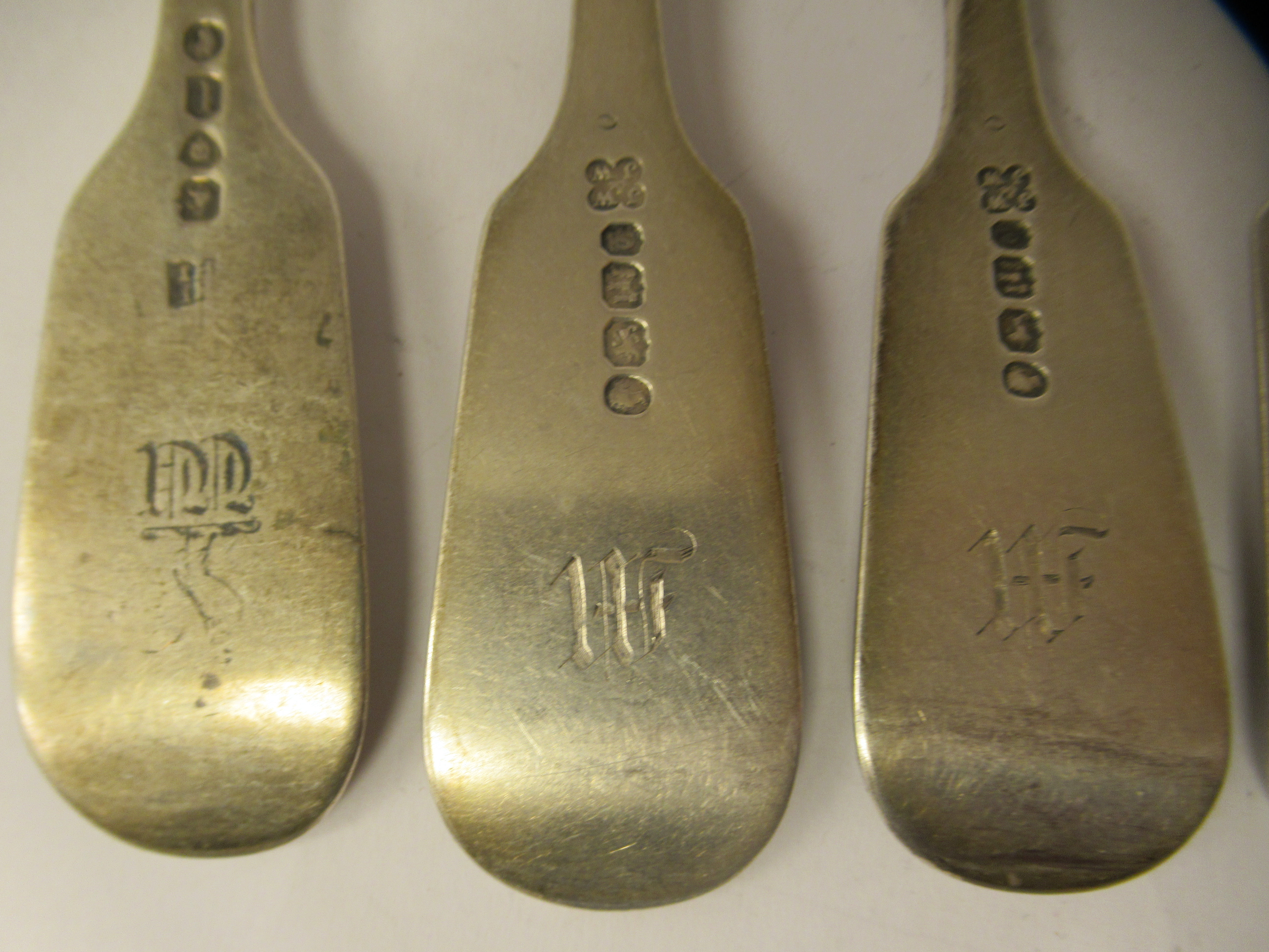 A matched set of seven 19thC silver fiddle pattern table forks  mixed marks - Image 6 of 9