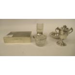 A cut glass open box vase design vesta holder, on a loaded silver base; another of miniature bowl