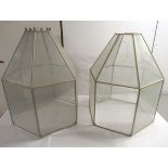 A pair of modern gilt sprayed metal and fully glazed light shades of hexagonal form  26"h  19"w