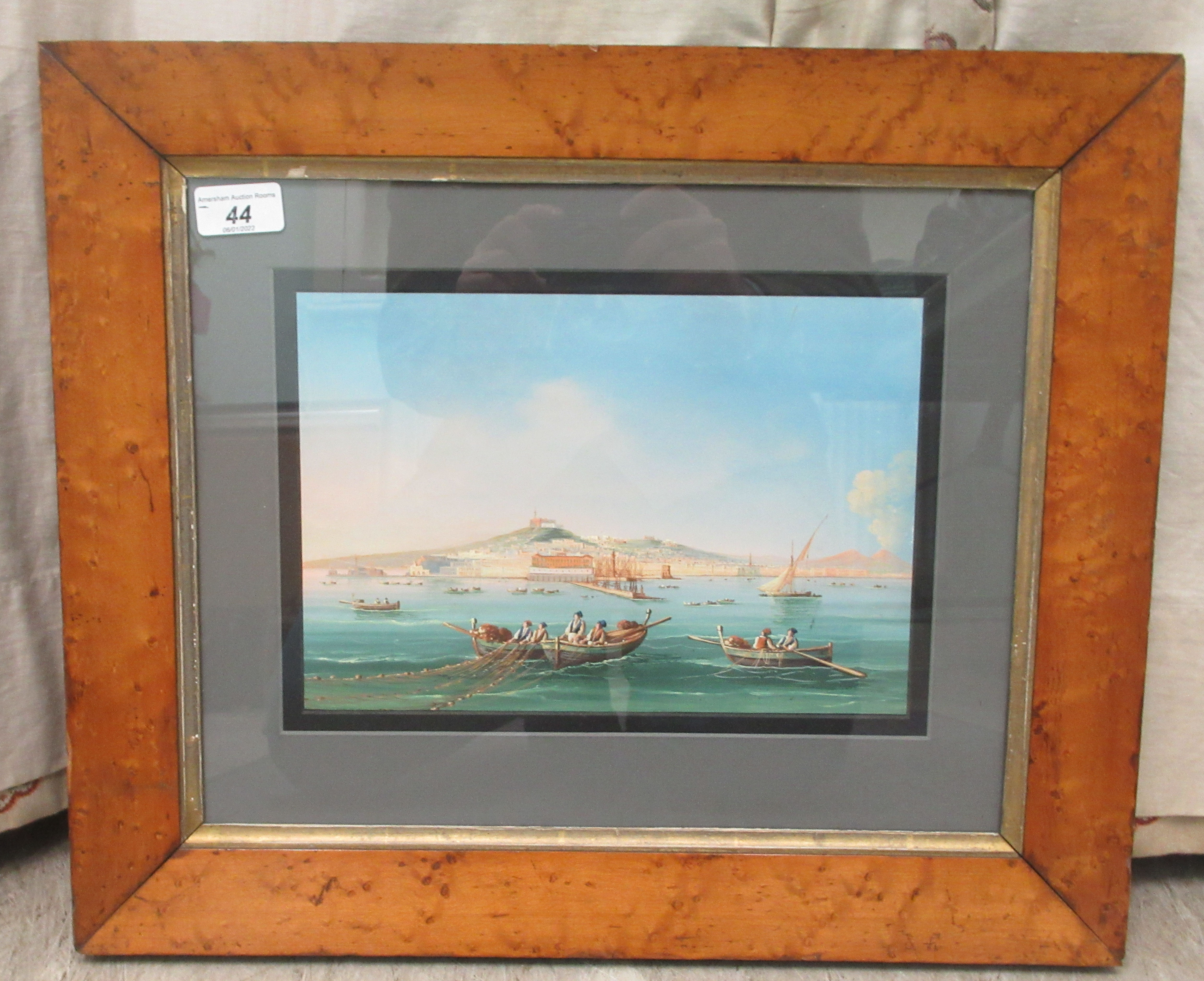 19thC Neapolitan School - offshore fishermen with buildings and a volcano beyond  gouache  7.5" x