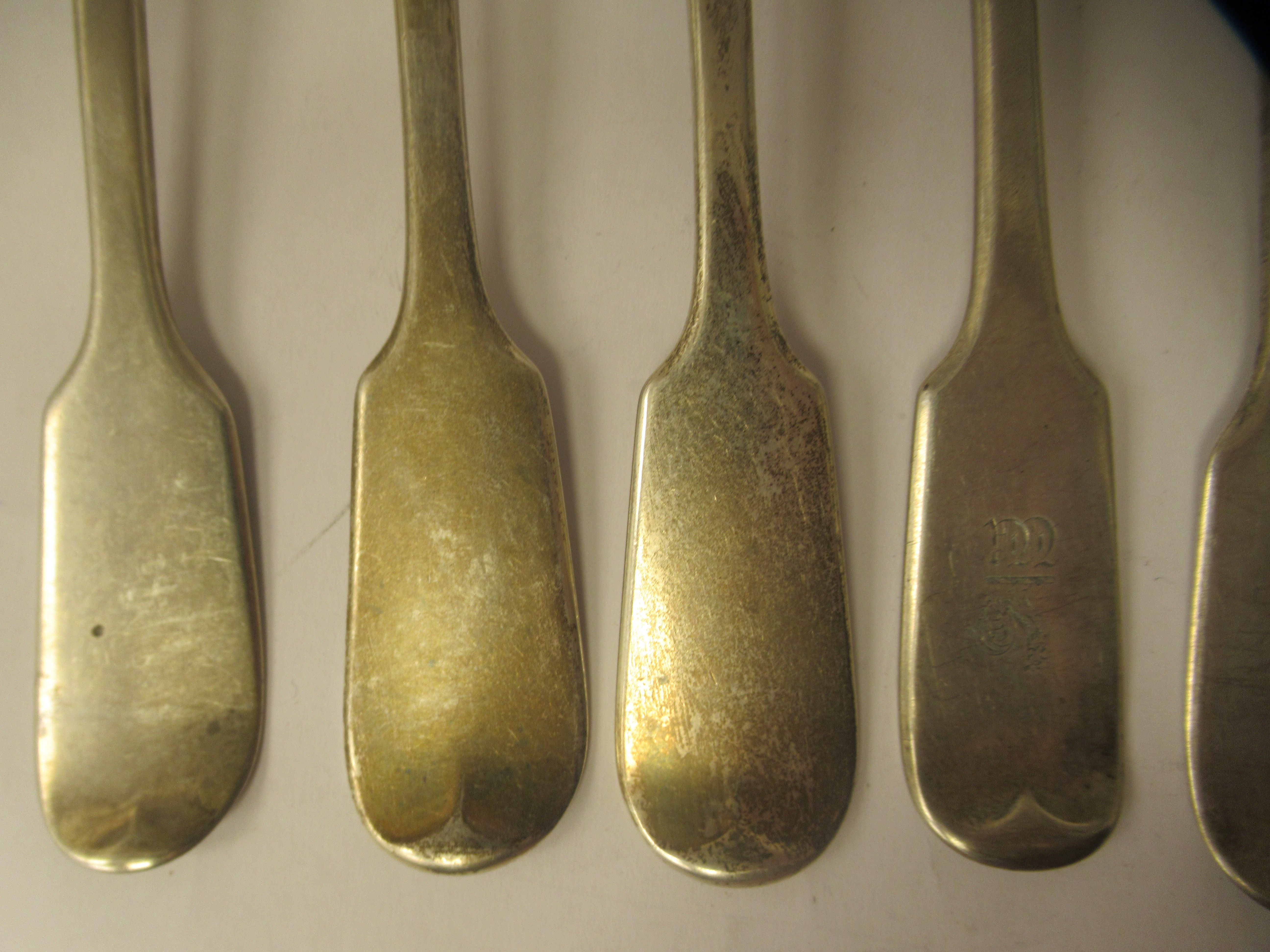 A matched set of seven 19thC silver fiddle pattern table forks  mixed marks - Image 2 of 9