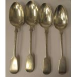A matched set of four 19thC silver fiddle pattern tablespoons  mixed marks