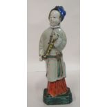 A mid 18th Chinese famille rose porcelain standing figure, a market trader holding a money belt  7"h