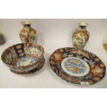 Japanese porcelain: to include an Imari pattern dish, decorated with flowers and birds  13"dia