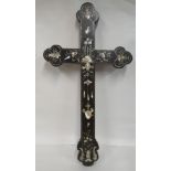 A 19thC and possibly earlier Vietnamese Jesuit wooden cross with mother-of-pearl marquetry ornament