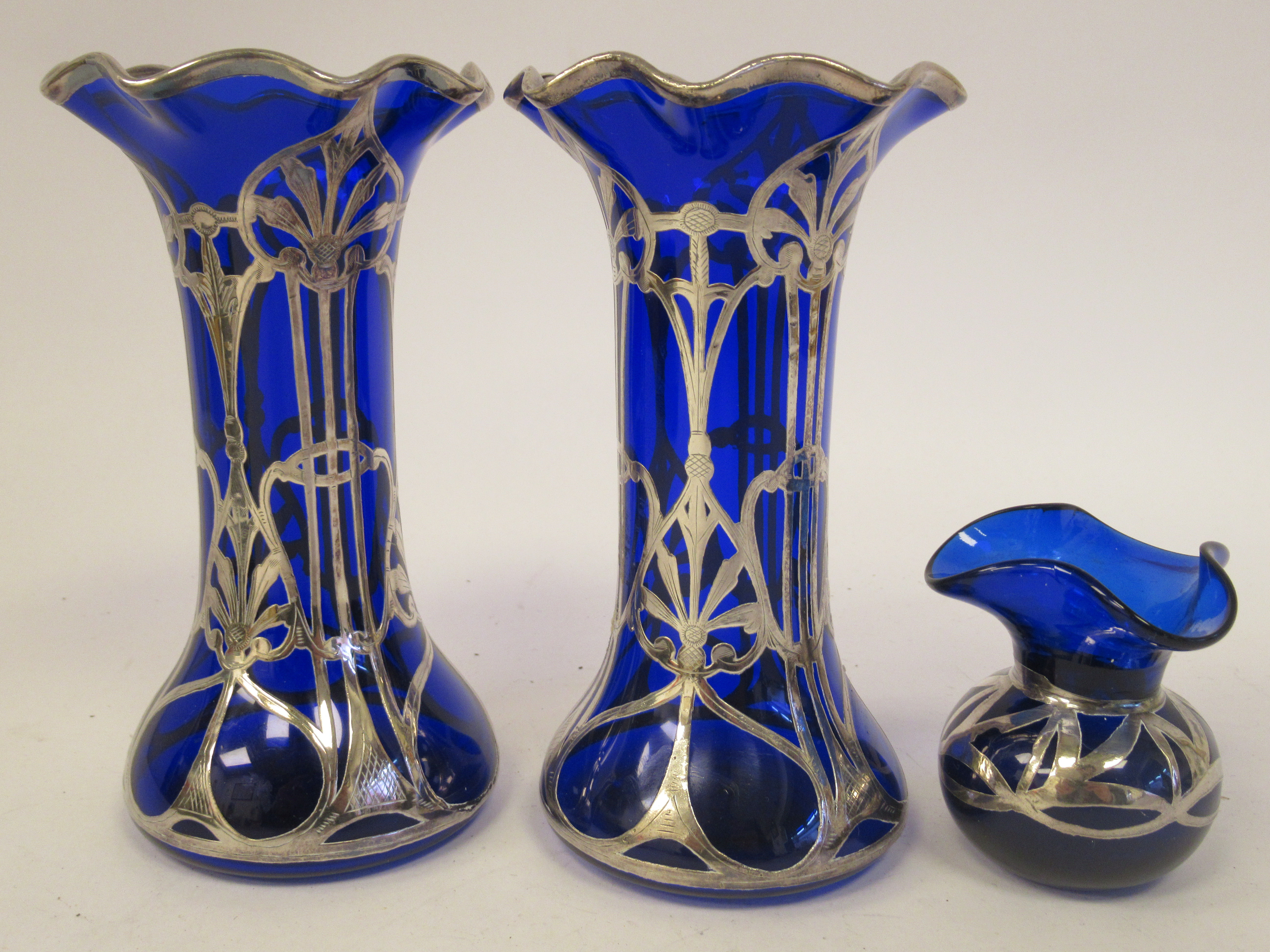 A pair of early 20thC blue glass vases of waisted and part bulbous cylindrical form, having - Image 2 of 4