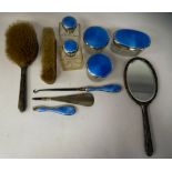 Edwardian and later silver capped and backed dressing table items with blue enamelled and ribbon