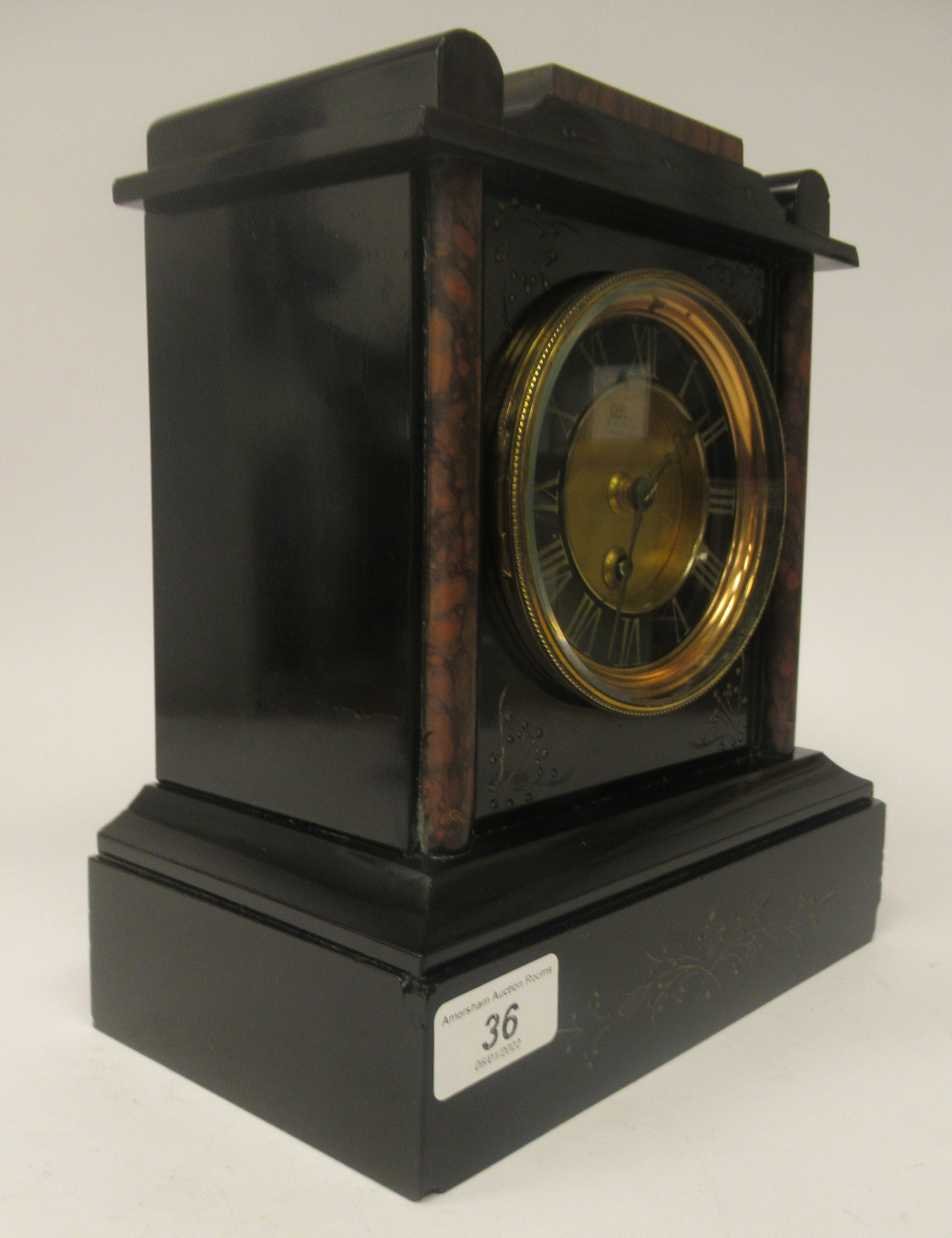 A late 19thC black slate and mottled iron red marble cased mantel timepiece with a platform top; the - Image 6 of 9