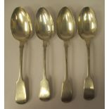 A matched set of four 19thC silver fiddle pattern tablespoons  mixed marks