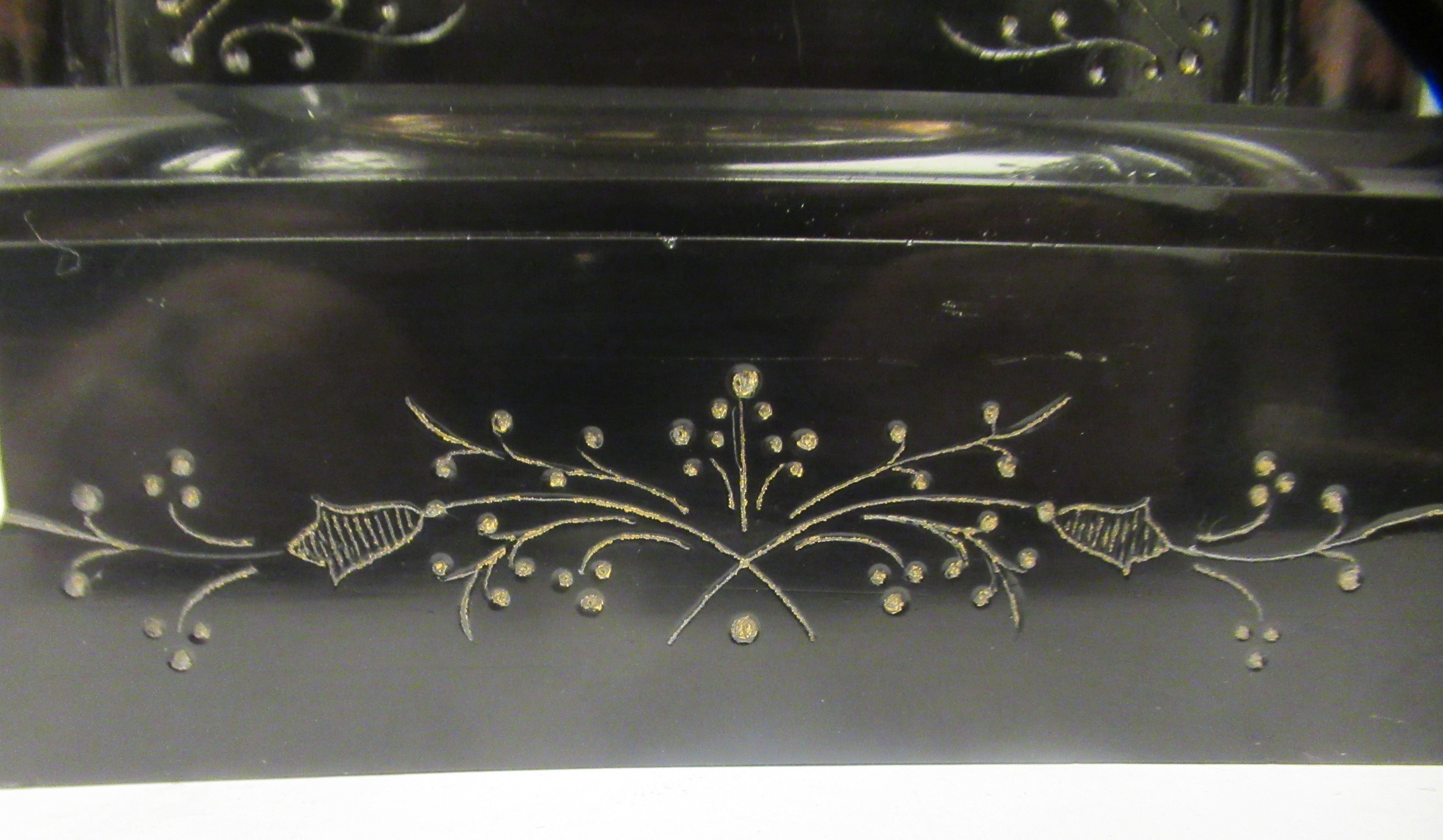 A late 19thC black slate and mottled iron red marble cased mantel timepiece with a platform top; the - Image 5 of 9