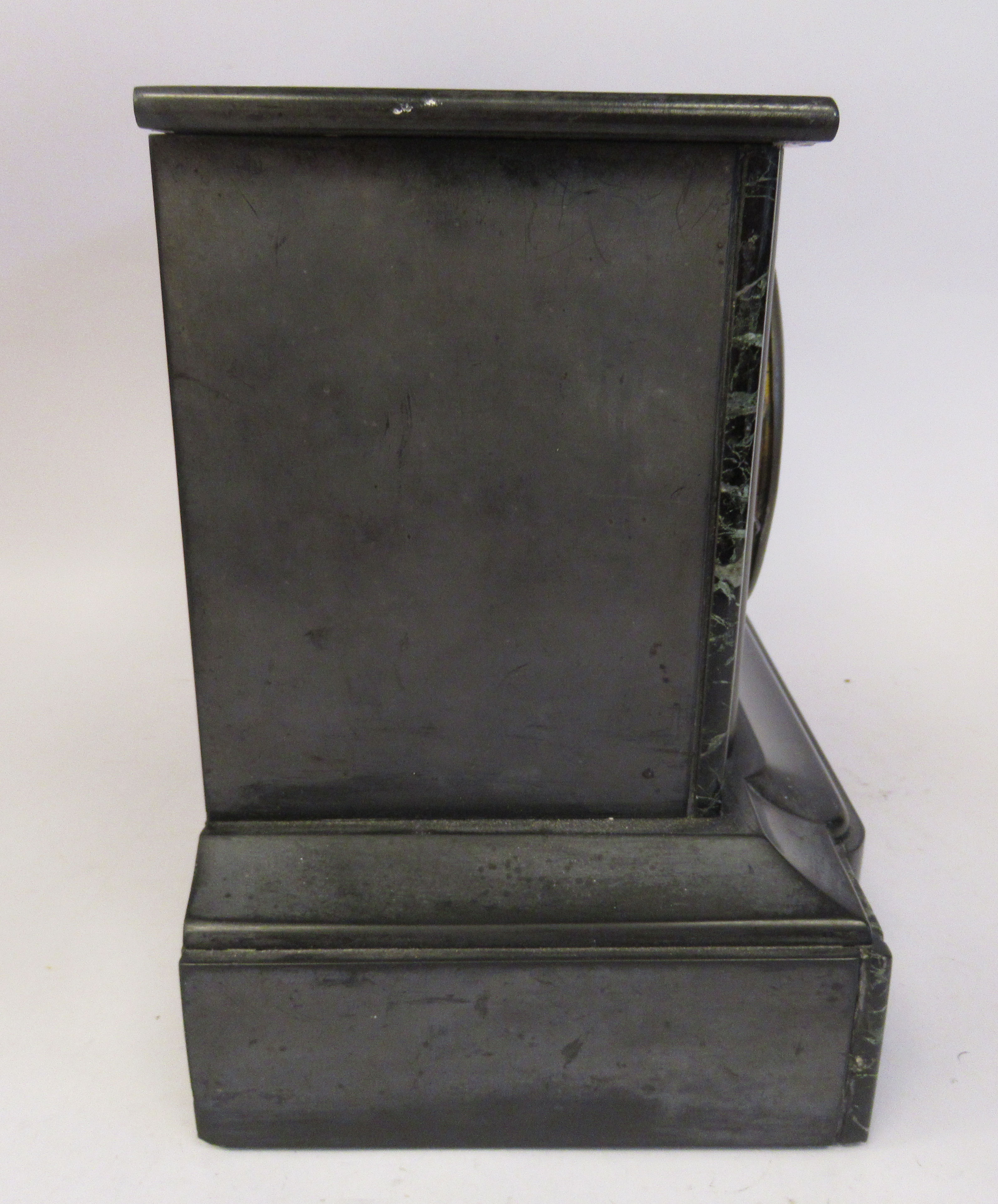 A late Victorian black slate and mottled green marble cased, platform top mantel clock; the bell - Image 2 of 8