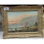 Late 19thC Continental School - beached fishing vessels  oil on canvas  7" x 9.5"  framed