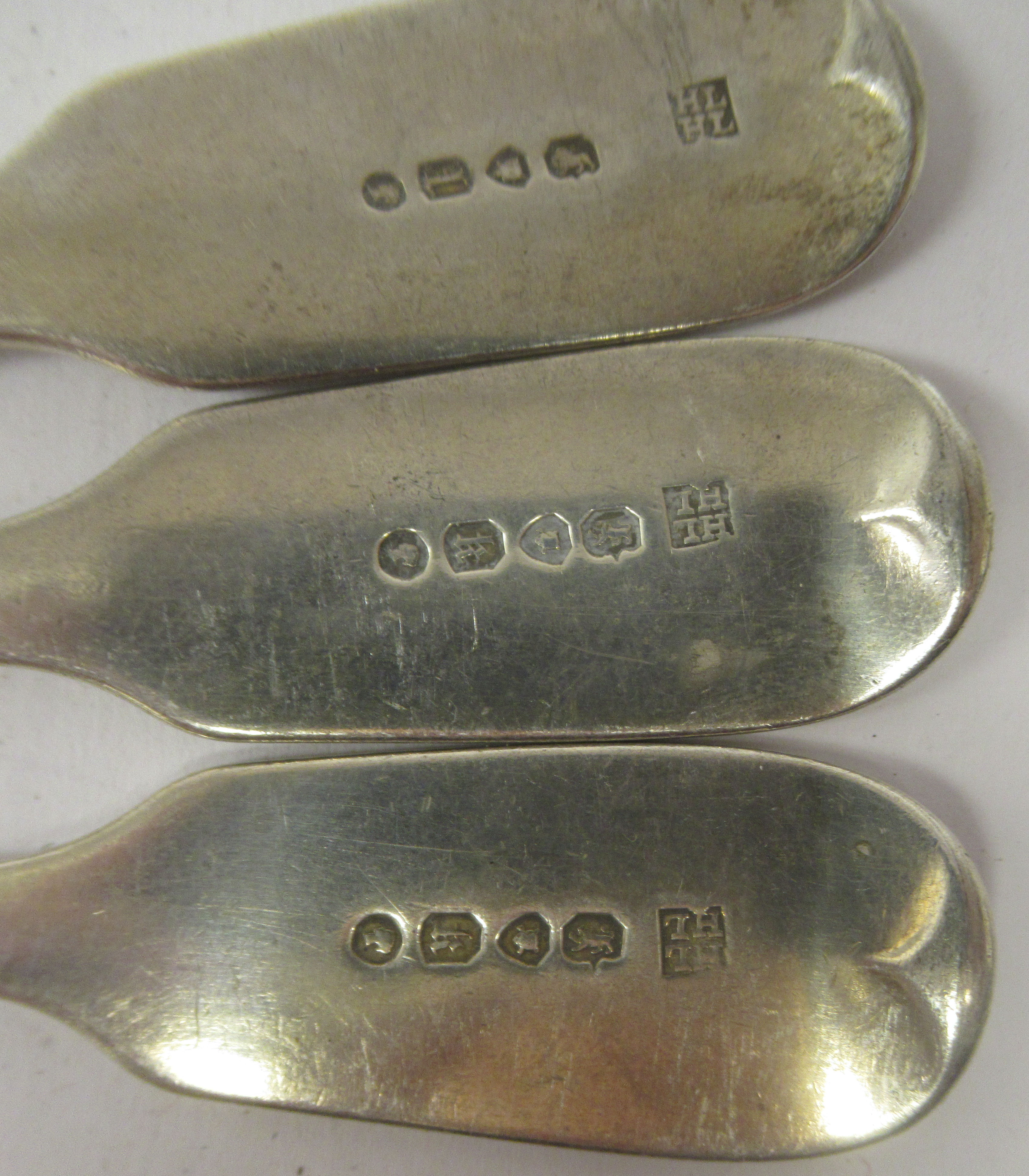 A matched set of six 19thC silver fiddle pattern dessert spoons  mixed marks - Image 5 of 5