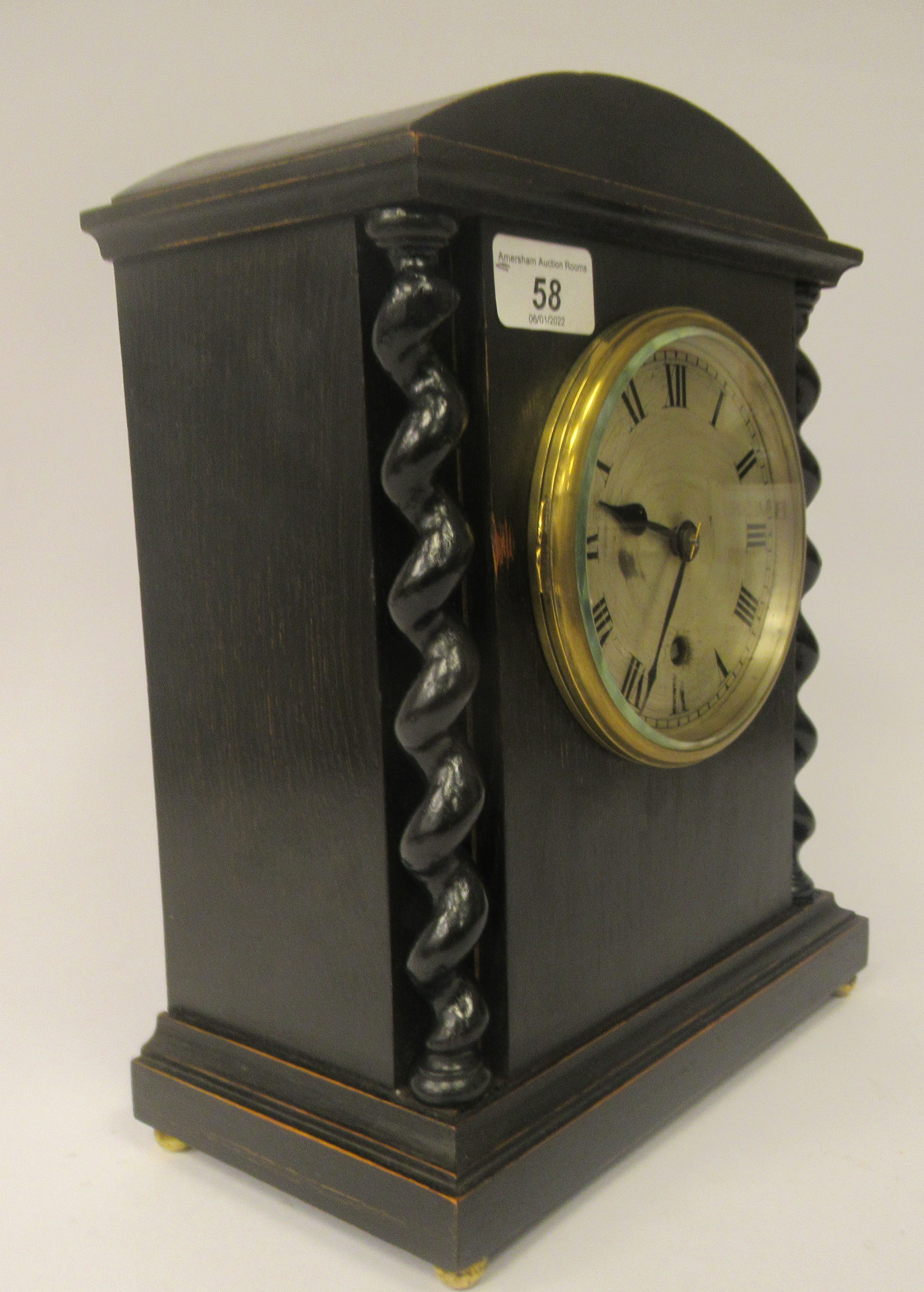 A late 19th/early 20thC stained oak cased, round arched mantel timepiece; the 8 day Astral - Image 2 of 5