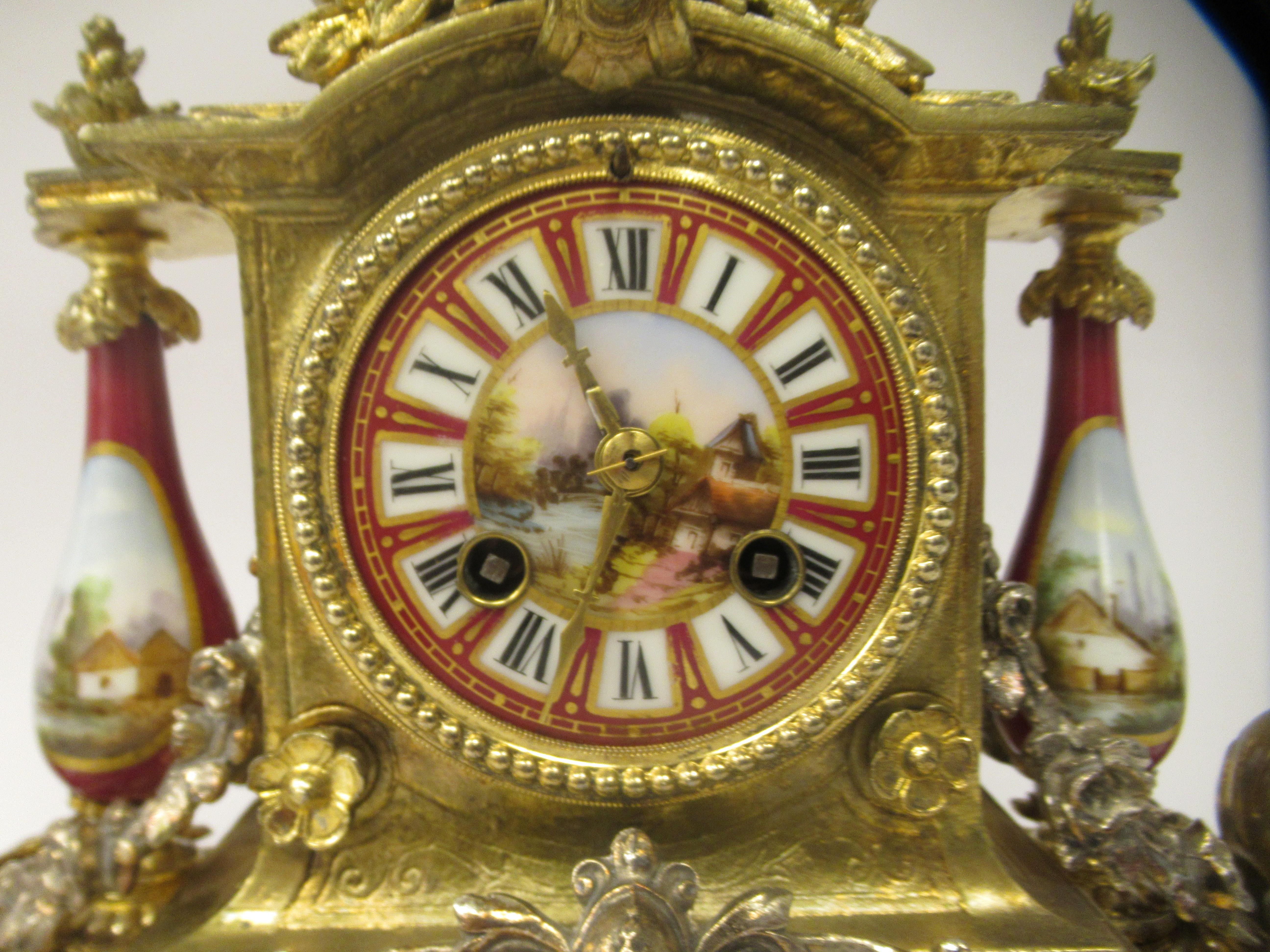 A late 19thC French Brunfaut gilt metal and painted porcelain cased mantel clock with pillared - Image 2 of 7