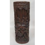 An early 20thC Chinese bamboo brush pot, carved with scholars at work  11.25"h