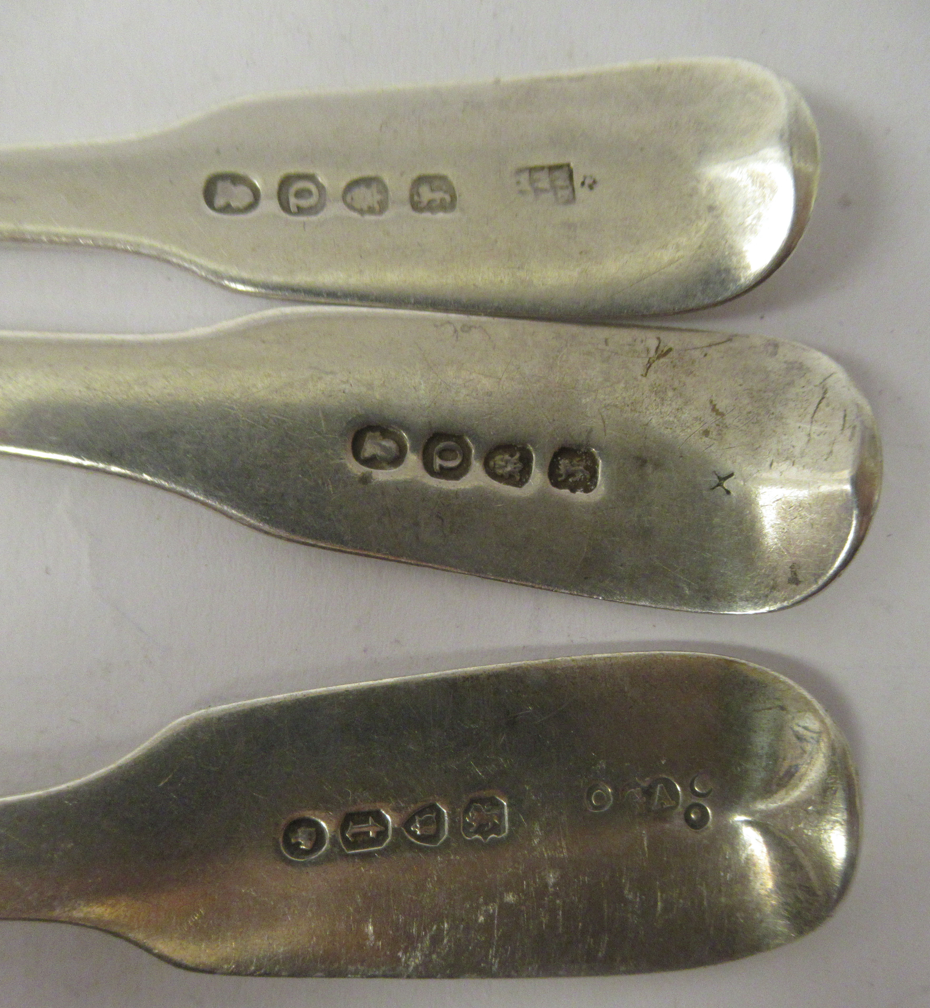 A matched set of six 19thC silver fiddle pattern dessert spoons  mixed marks - Image 4 of 5