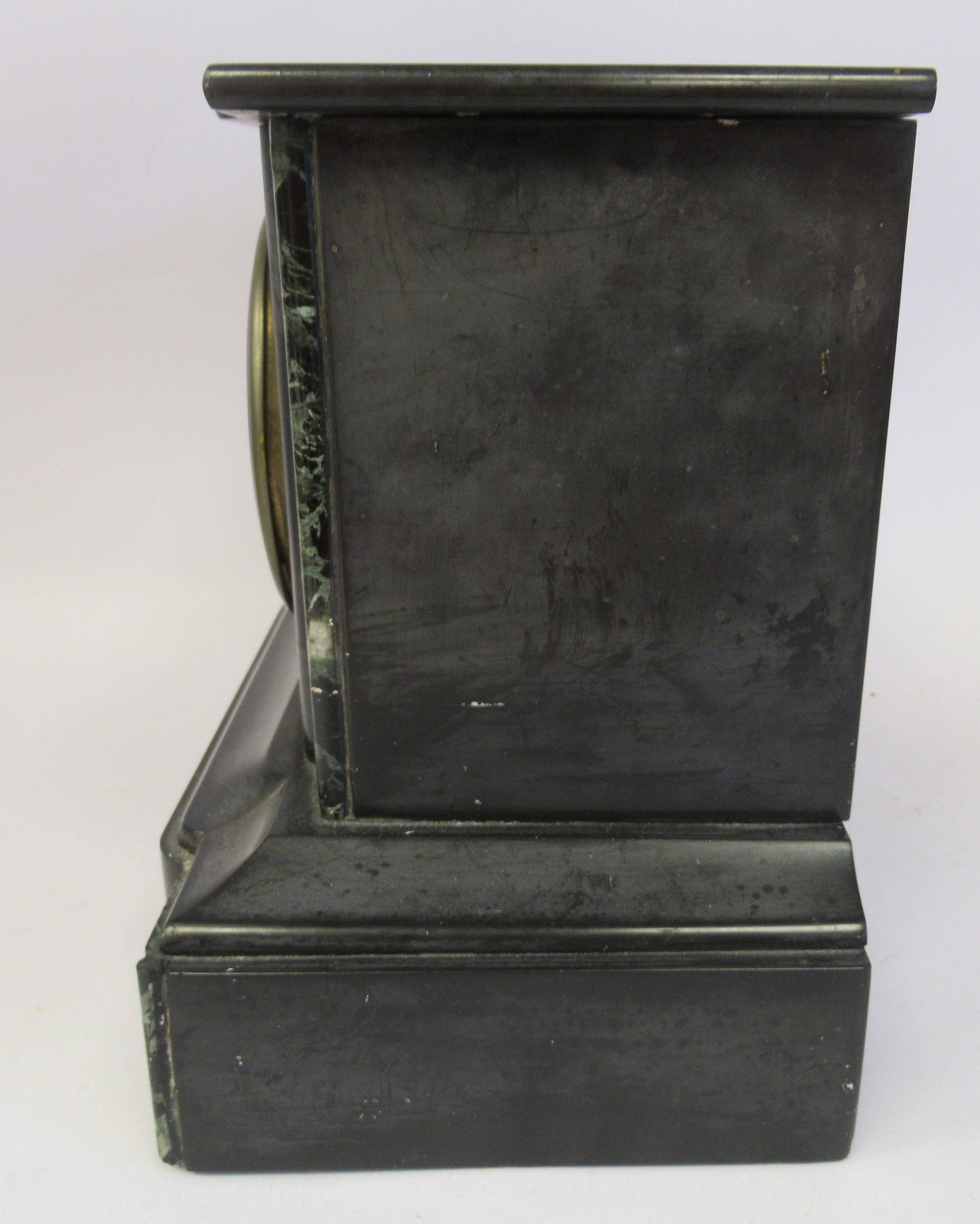 A late Victorian black slate and mottled green marble cased, platform top mantel clock; the bell - Image 4 of 8