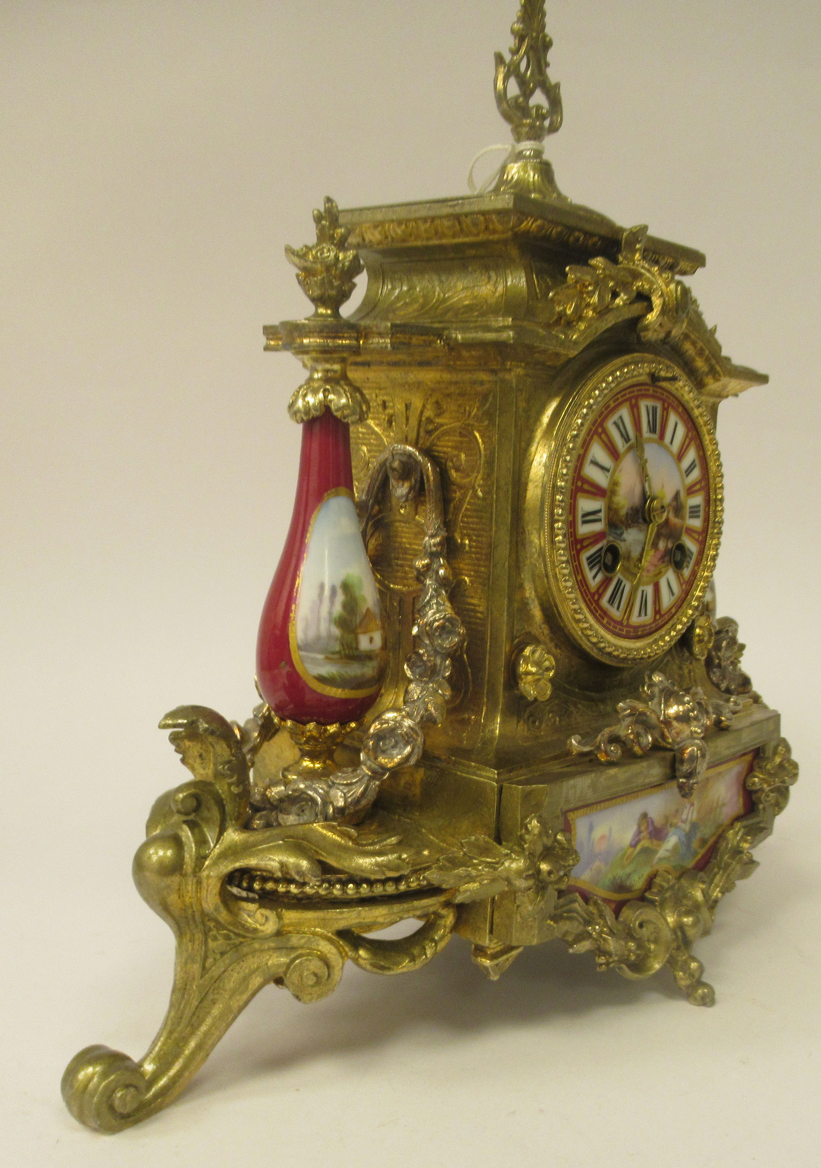 A late 19thC French Brunfaut gilt metal and painted porcelain cased mantel clock with pillared - Image 4 of 7