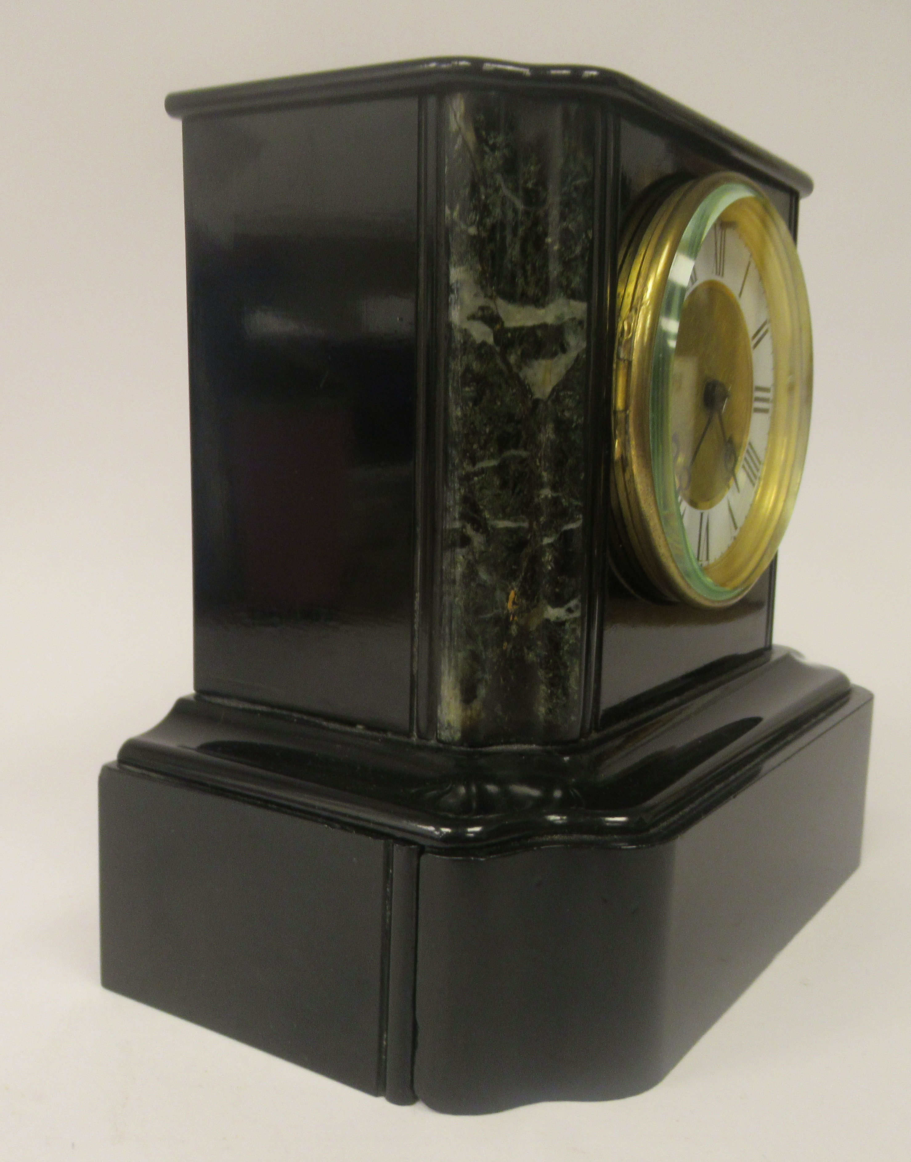 A late 19thC French black slate and mottled green marble cased, platform top mantle clock; the - Image 2 of 5