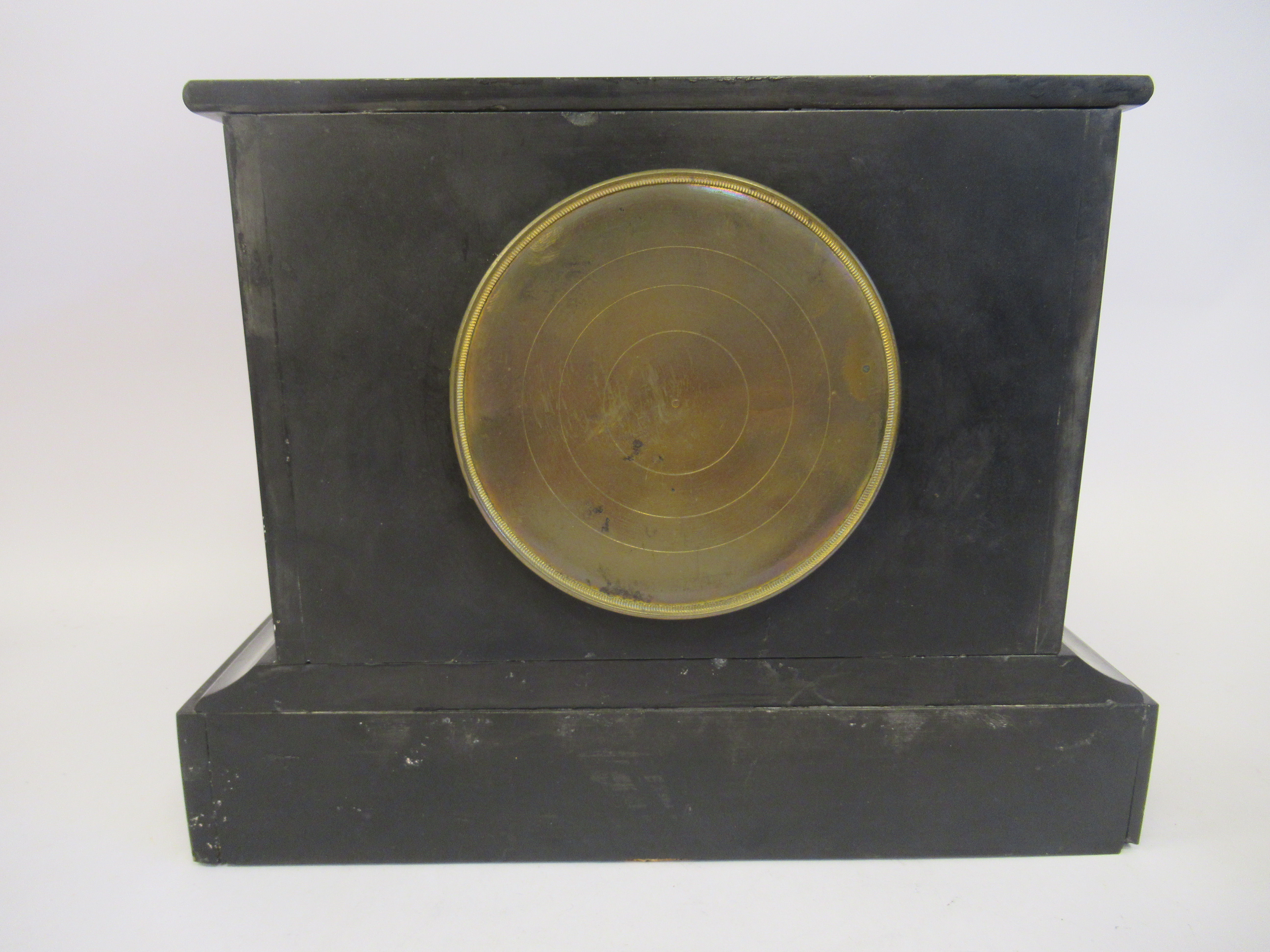 A late Victorian black slate and mottled green marble cased, platform top mantel clock; the bell - Image 3 of 8