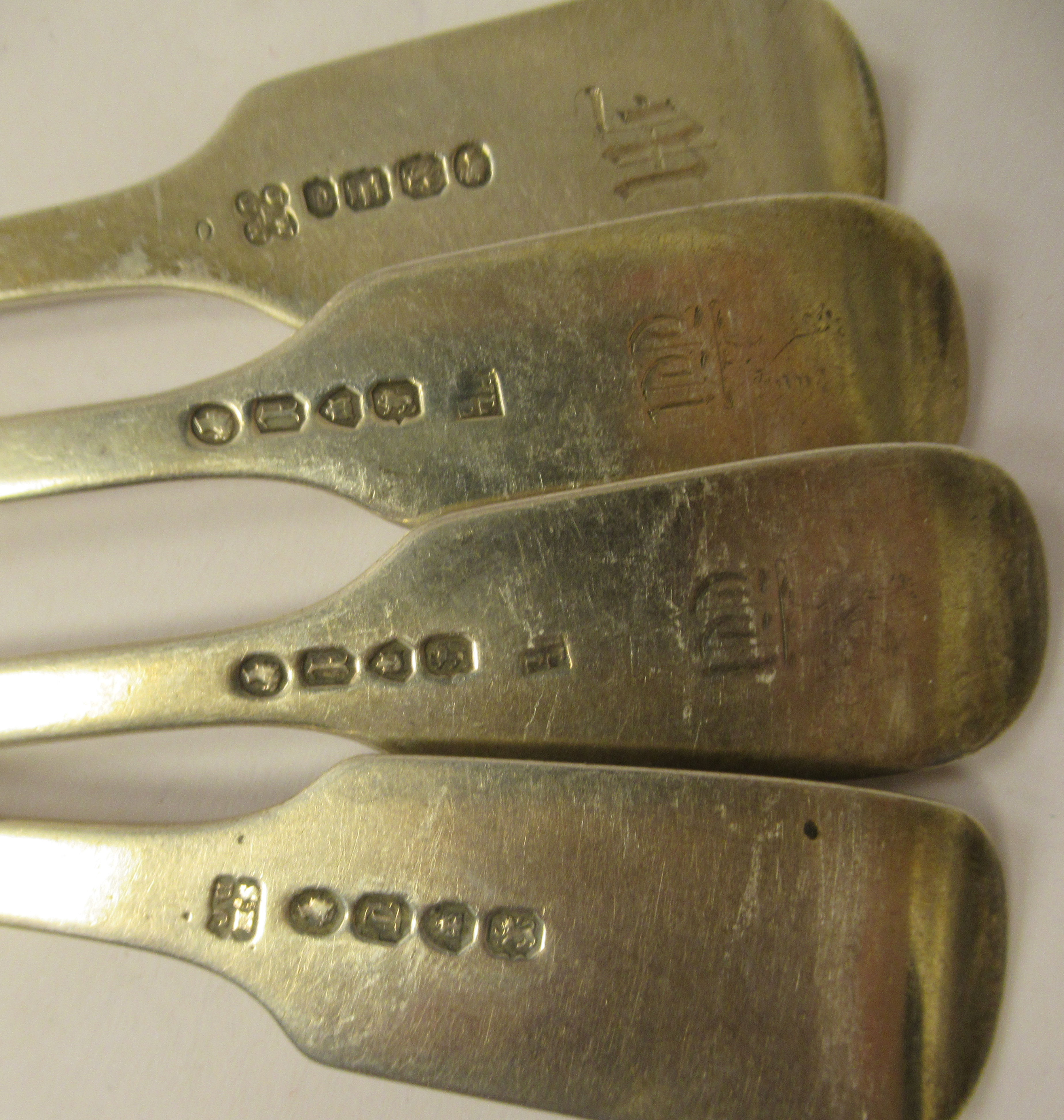 A matched set of seven 19thC silver fiddle pattern table forks  mixed marks - Image 9 of 9