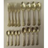 19thC silver Queens pattern flatware, viz. four dessert spoons, four fruit spoons and four teaspoons