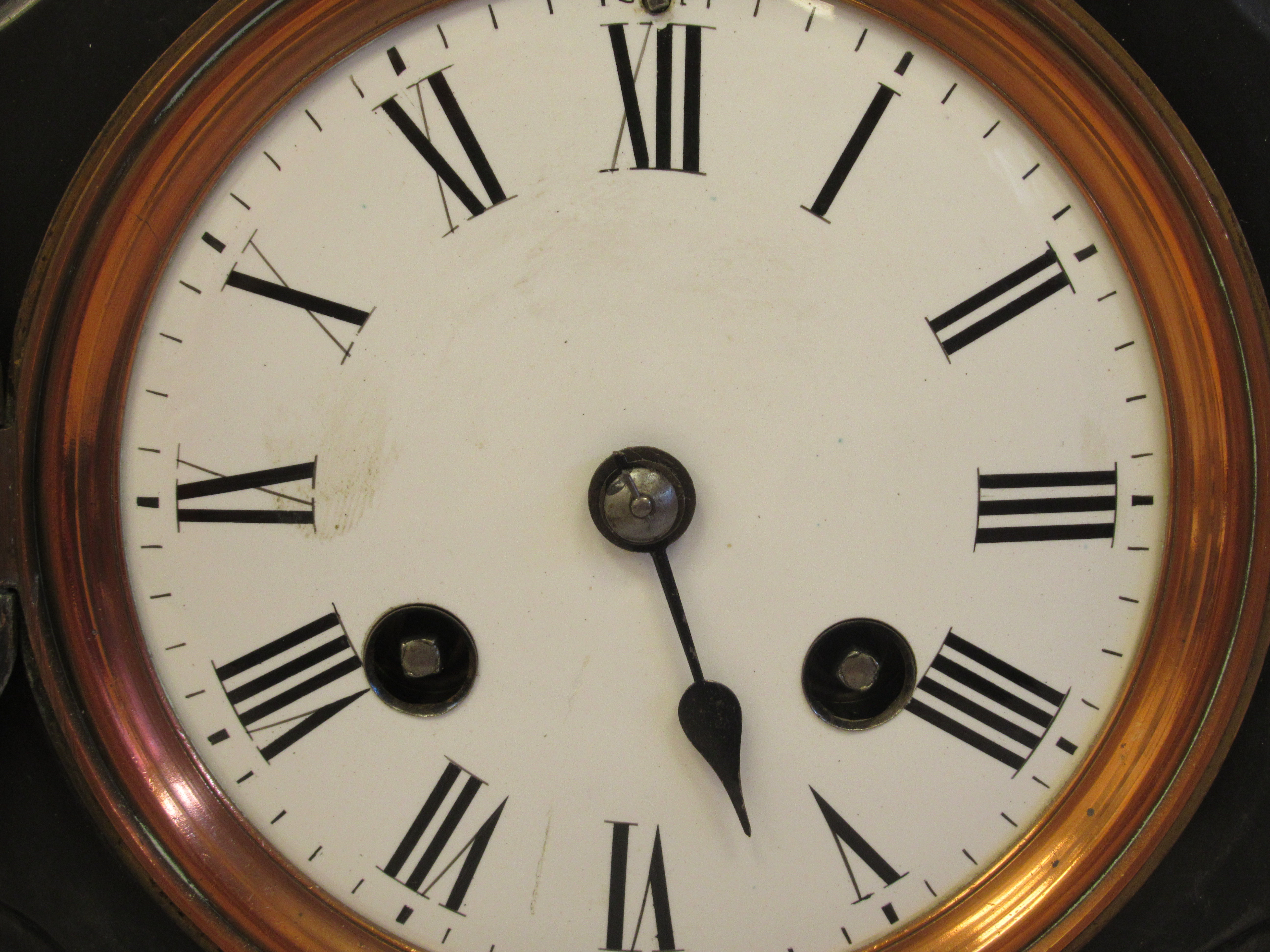 A late Victorian black slate and mottled green marble cased, platform top mantel clock; the bell - Image 5 of 8