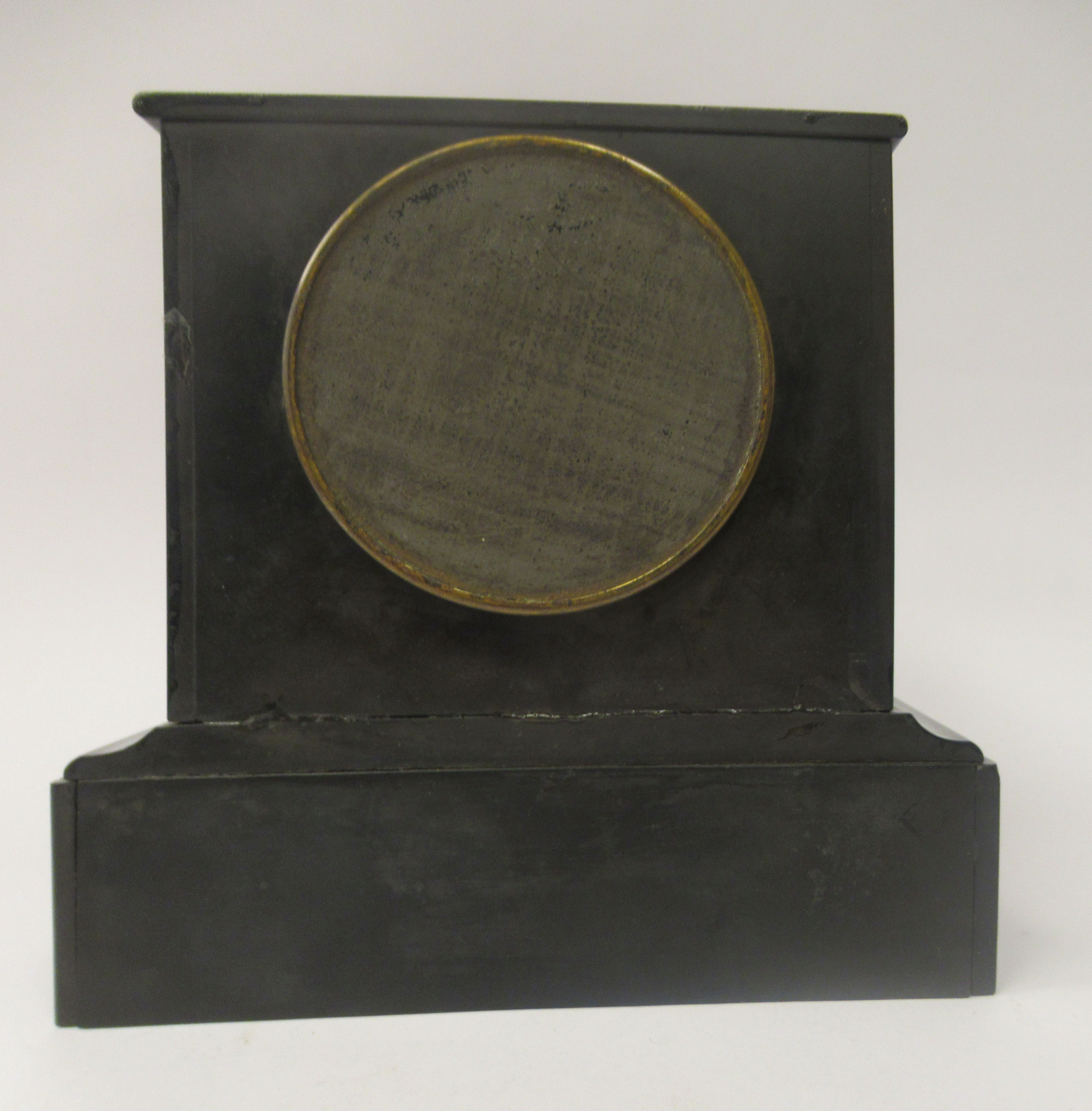 A late 19thC French black slate and mottled green marble cased, platform top mantle clock; the - Image 4 of 5