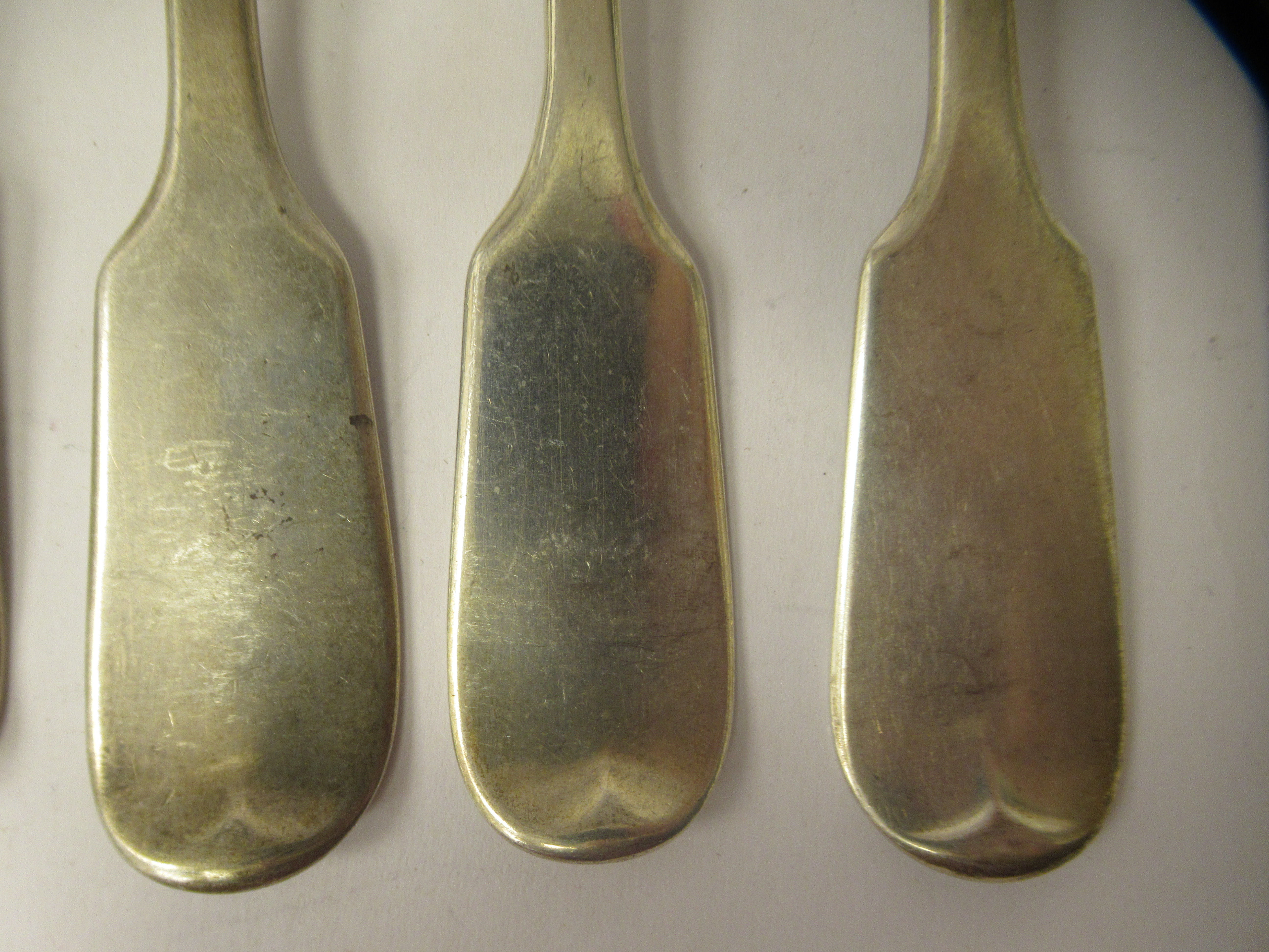 A matched set of seven 19thC silver fiddle pattern table forks  mixed marks - Image 3 of 9